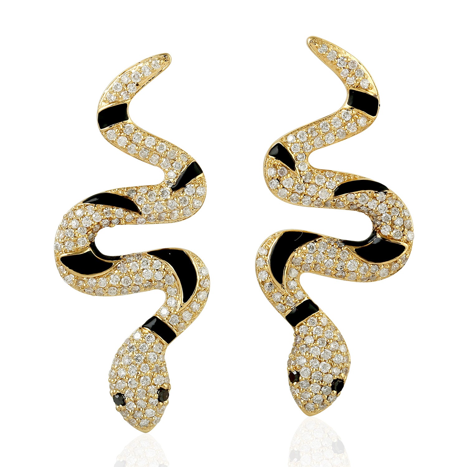 18K Yellow Gold Pave Diamond Snake Enamel Dangle Earrings for Women - Elegant Handcrafted Jewelry Gift for Party, Wedding & Special Occasions