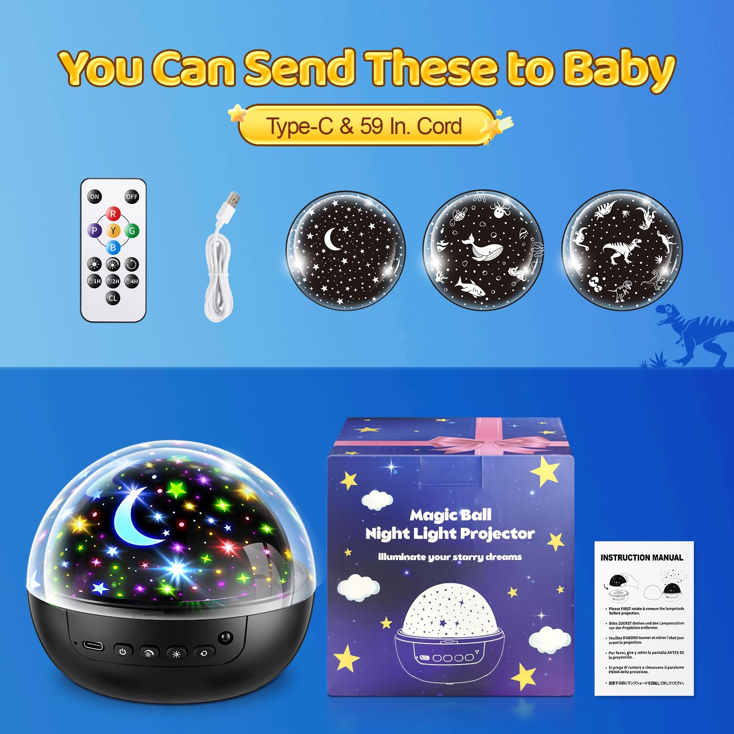 Remote Control Dinosaur Toys for Kids Ages 2-7 with 3 Films & 93 Effects - Rotating Night Light Projector with 3 Timer Settings & 5 Brightness Levels - Perfect for Bedtime, Playtime, and Room Decor