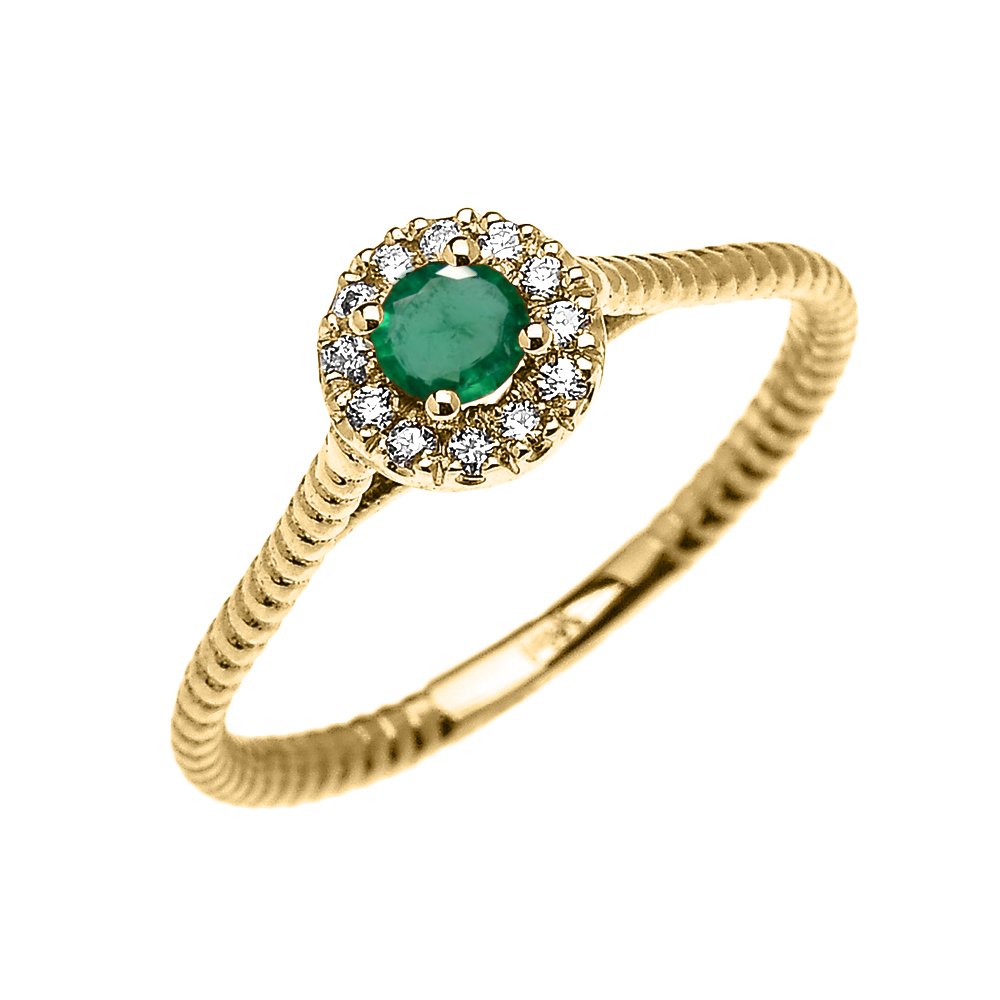 14K Yellow Gold Dainty Halo Diamond & Solitaire Emerald Rope Design Promise Ring for Women - Elegant Engagement, Anniversary or Gift Jewelry for Her