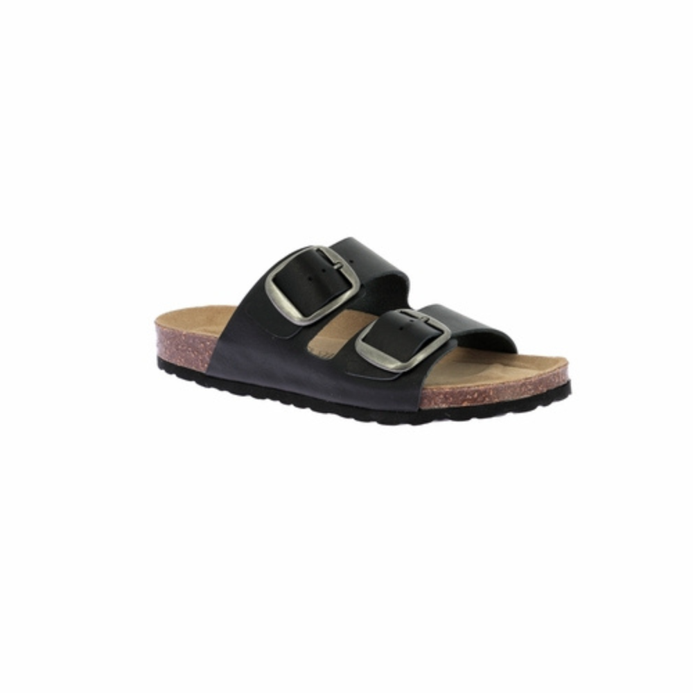 Women's Black Leather & Cork Mules - Comfortable Slip-On Sandals for Casual Outings, Beach & Summer Wear