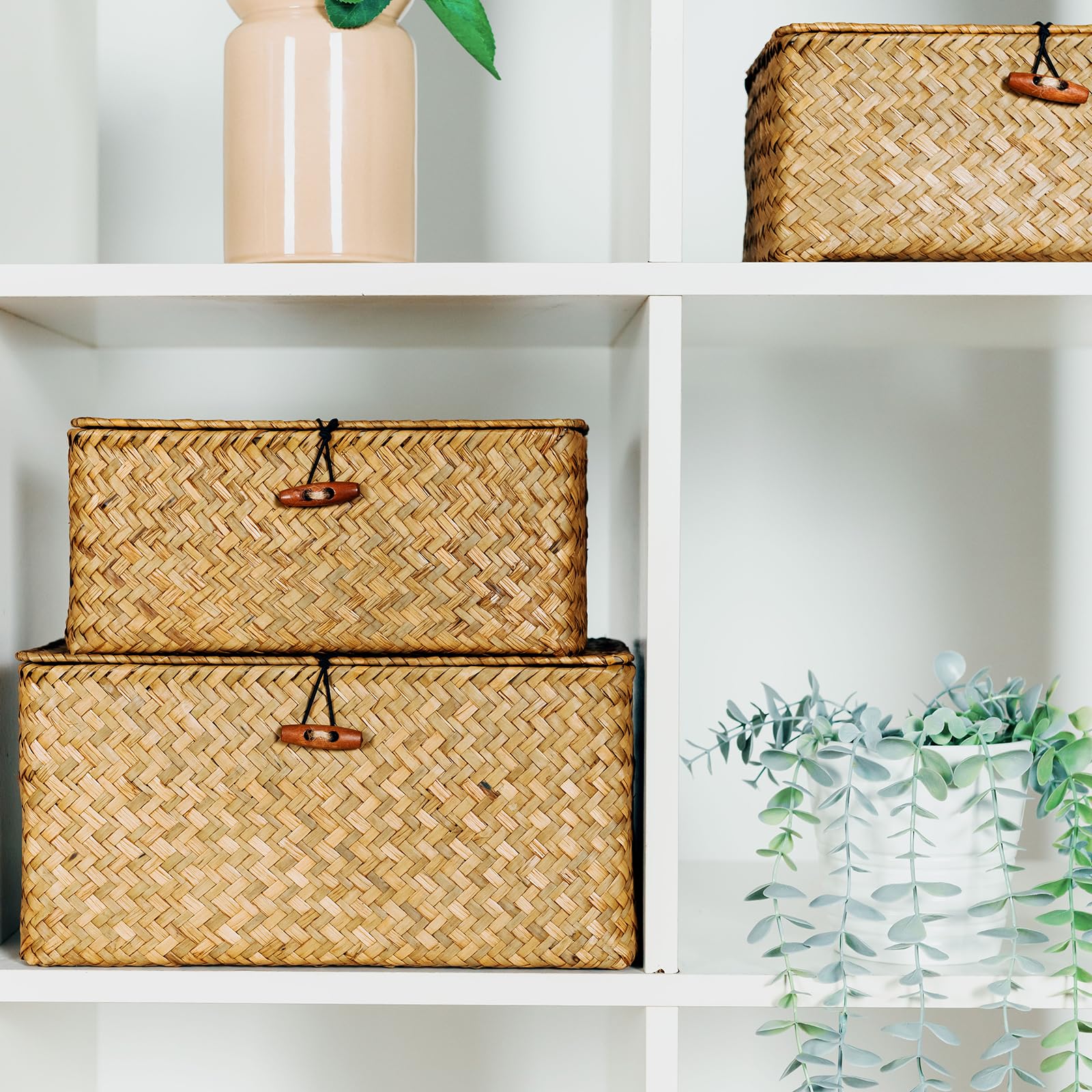 Decorative Wicker Storage Bins with Lids - Set of 3 Stackable Woven Seagrass Baskets (Large, Medium, Small) for Kids Toys, Shelves, Bathroom & Bedroom Organization - Perfect for Home, Nursery & Closet Storage Solutions
