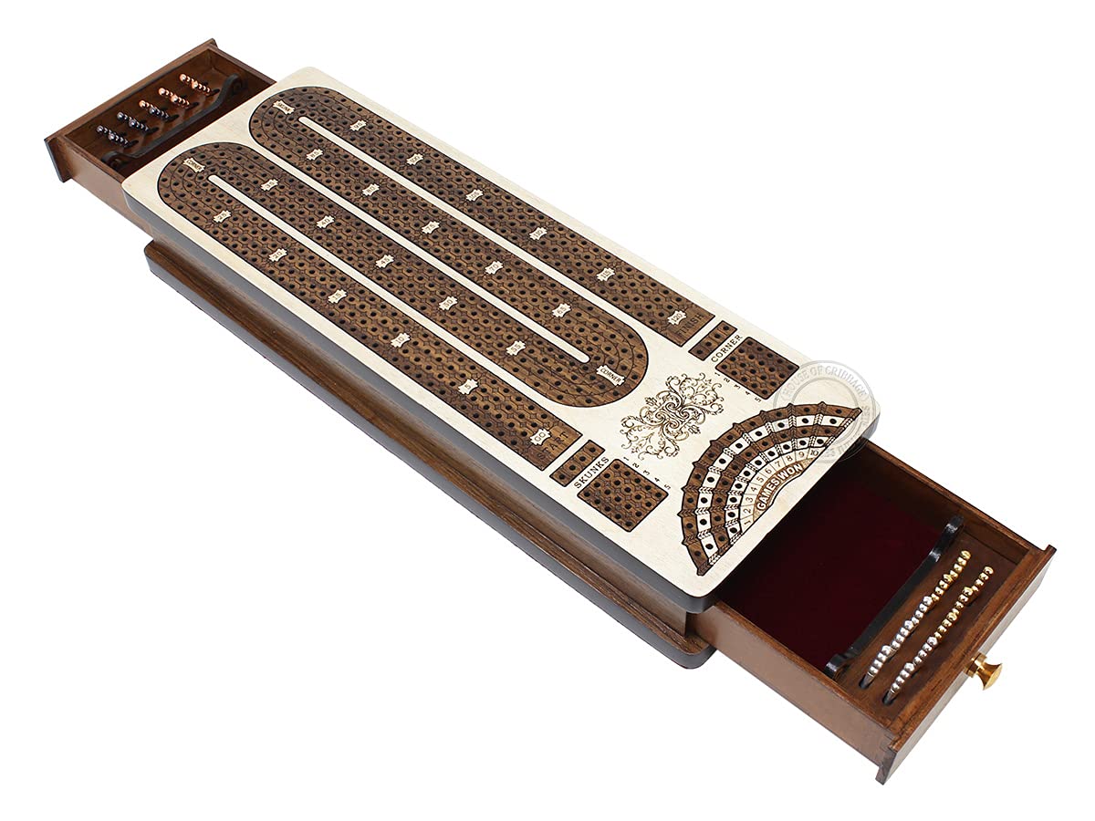 Premium Continuous Cribbage Board with 4 Inlaid Tracks - Handcrafted Maple/Teak Wood with Peg Storage Drawer & Score Marking Fields | Perfect for Family Game Nights, Travel, and Card Game Enthusiasts | Ideal for Home Entertainment, Camping Trips, and Gift Giving | Great for Parties, Holidays, and Competitive Play