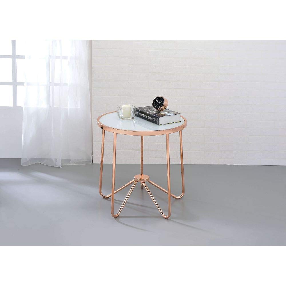 PovKeever Rose Gold & Frosted Glass End Table 81837 - Modern Nightstand for Bedroom, Living Room, Office | Small Side Table with Elegant Design