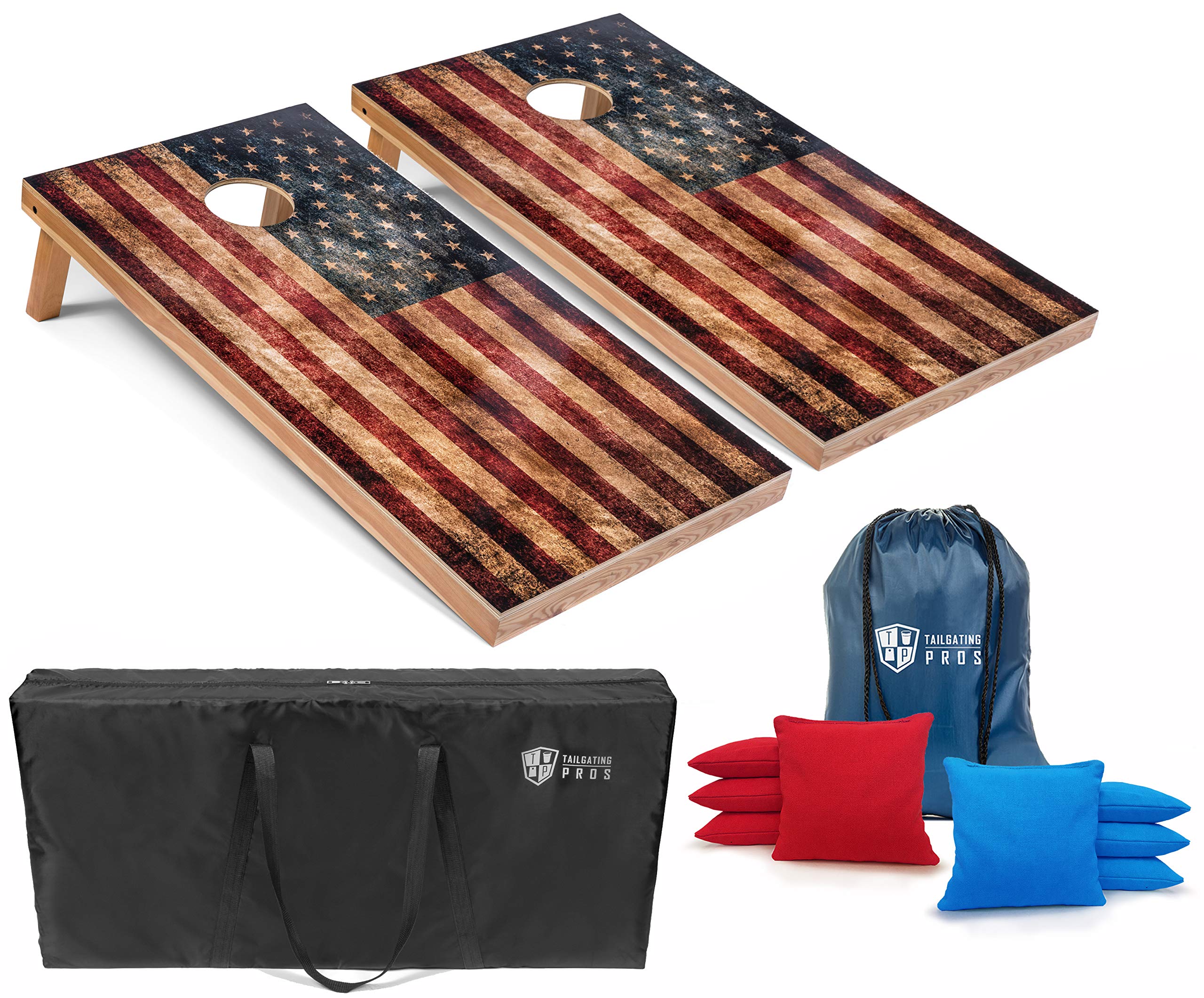 Tournament Grade 4'x2' Rustic American Flag Cornhole Game Set with 8 Bean Bags & Carry Case - Premium Distressed Wood Cornhole Boards for Tailgating, Backyard Parties, BBQs and Outdoor Games - Regulation Size Professional Corn Hole Set