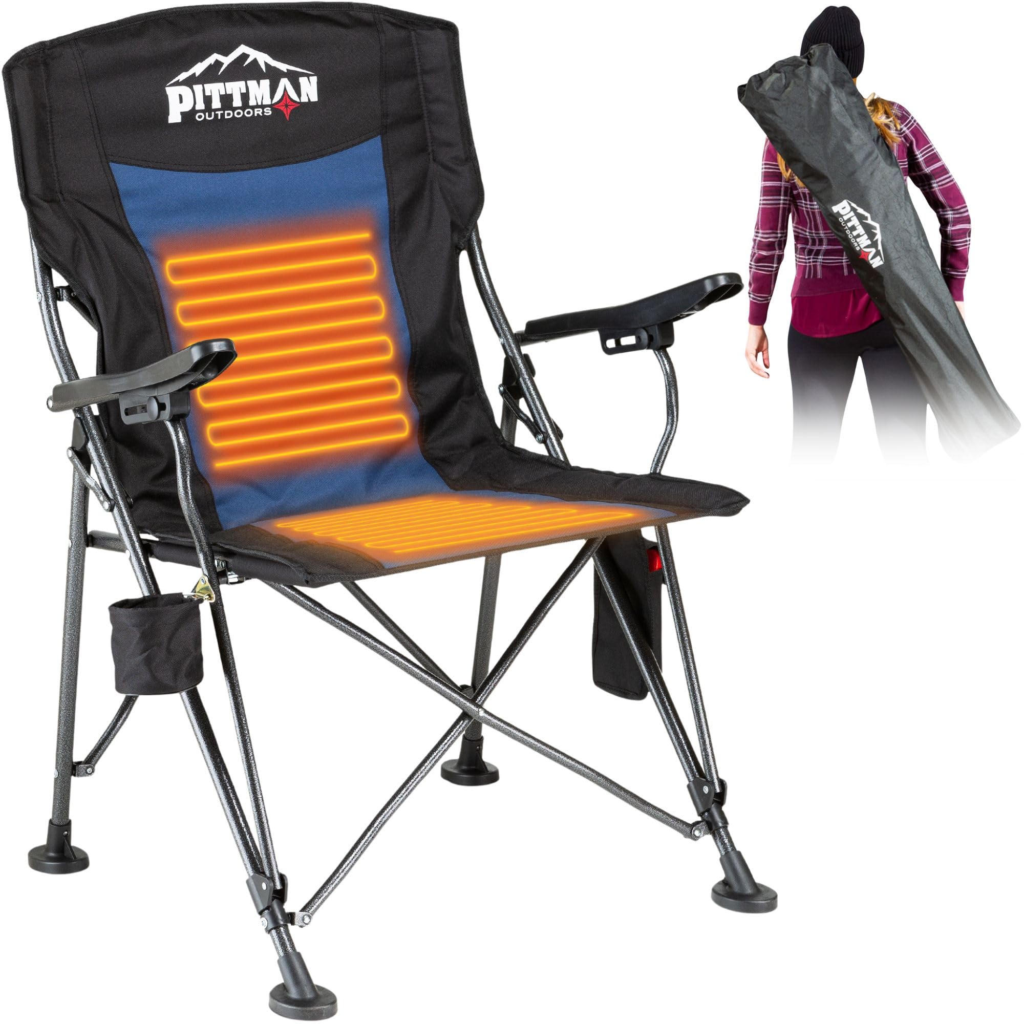 Pittman Heated Camping Chair for Adults - Portable Outdoor Heated Folding Chair with Battery Power (Batteries Not Included) - Perfect for Hunting, Fishing, Camping & Backyard Relaxation in Cold Weather