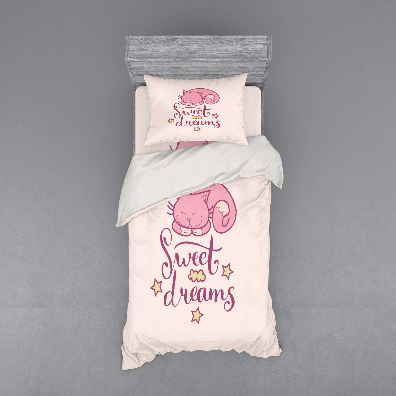 Ambesonne 3-Piece Twin Duvet Cover Set - Sleeping Cartoon Cat with Stars & Clouds on Pastel Pink Background, Includes Sham & Fitted Sheet | Soft Rose Pale Pink Bedding for Kids Room, Teen Bedroom & Cozy Home Decor