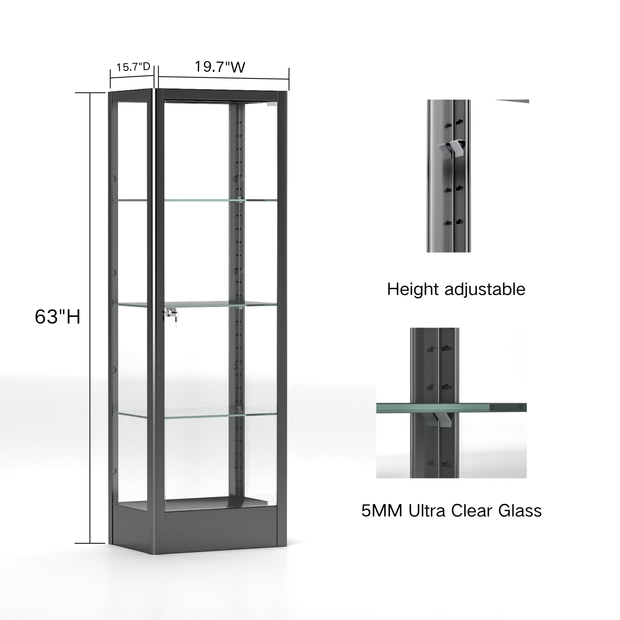 Modern Glass Display Cabinet with Adjustable 4 Shelves & Secure Lock - Black Curio Cabinet for Books, Toys & Collectibles (63