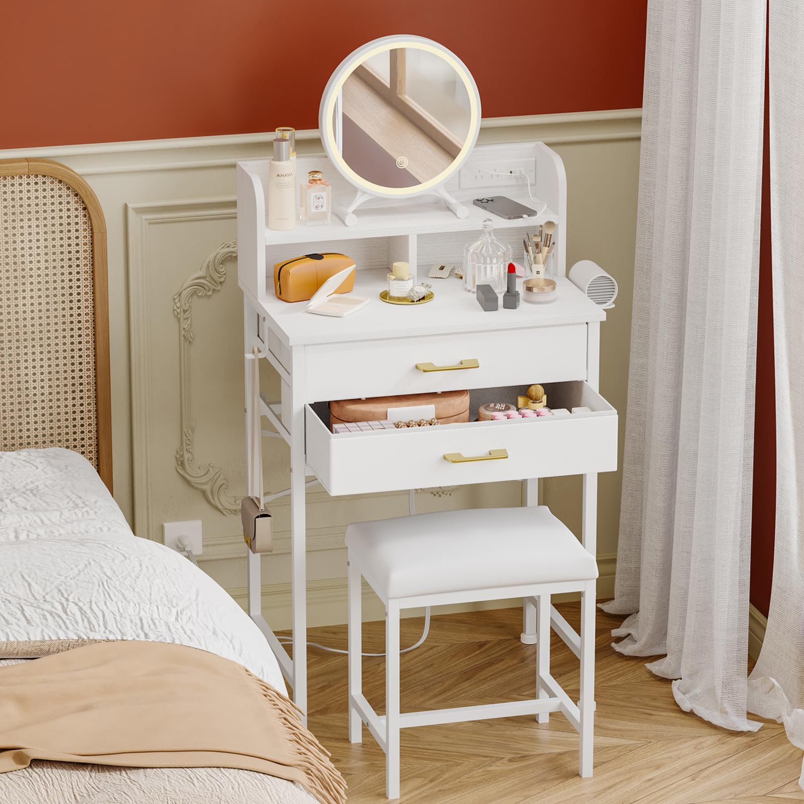 Fixwal White Small Vanity Desk Set with Lighted Mirror & Chair, Makeup Dressing Table with 2 Fabric Drawers & Power Outlet, Compact Vanity Table with Cushioned Stool for Small Bedroom Spaces - Perfect for Makeup, Skincare & Jewelry Organization
