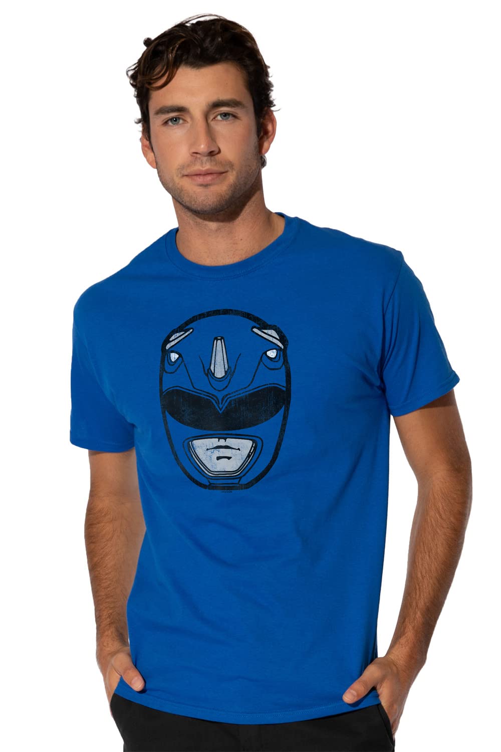 Official Power Rangers Blue Ranger Mask T-Shirt for Men - Short Sleeve Cotton Tee - Licensed Merchandise - Perfect for Cosplay, Comic Con & Superhero Fans