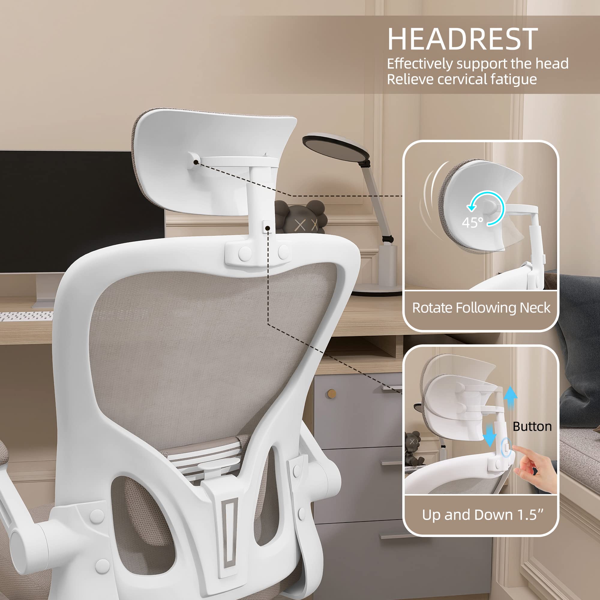 Monhey Ergonomic Office Chair - Adjustable Lumbar Support & Headrest, Flip-Up Armrests, High Back Mesh Chair with Height Adjustment, Taupe - Ideal for Home Office, Gaming Desk & Workspace Comfort