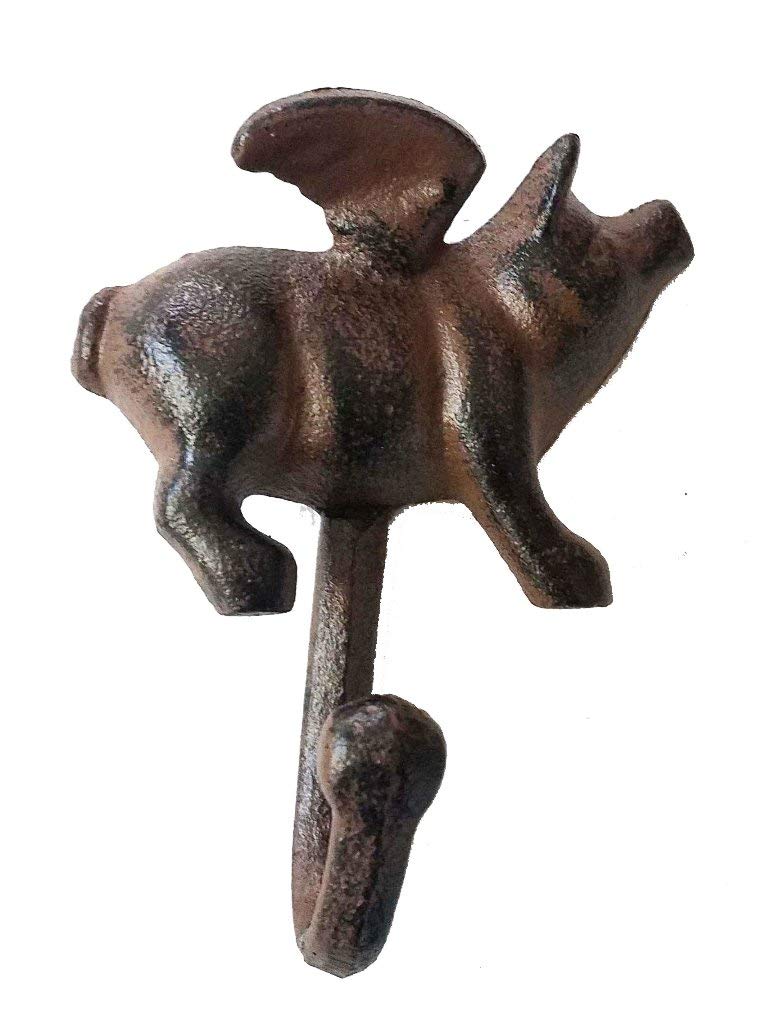 TLT Pair of Flying Pig Hooks - Brushed Brown Cast Iron Wall Hooks for Kitchen, Bathroom & Home Decor - Durable & Stylish Storage Solution