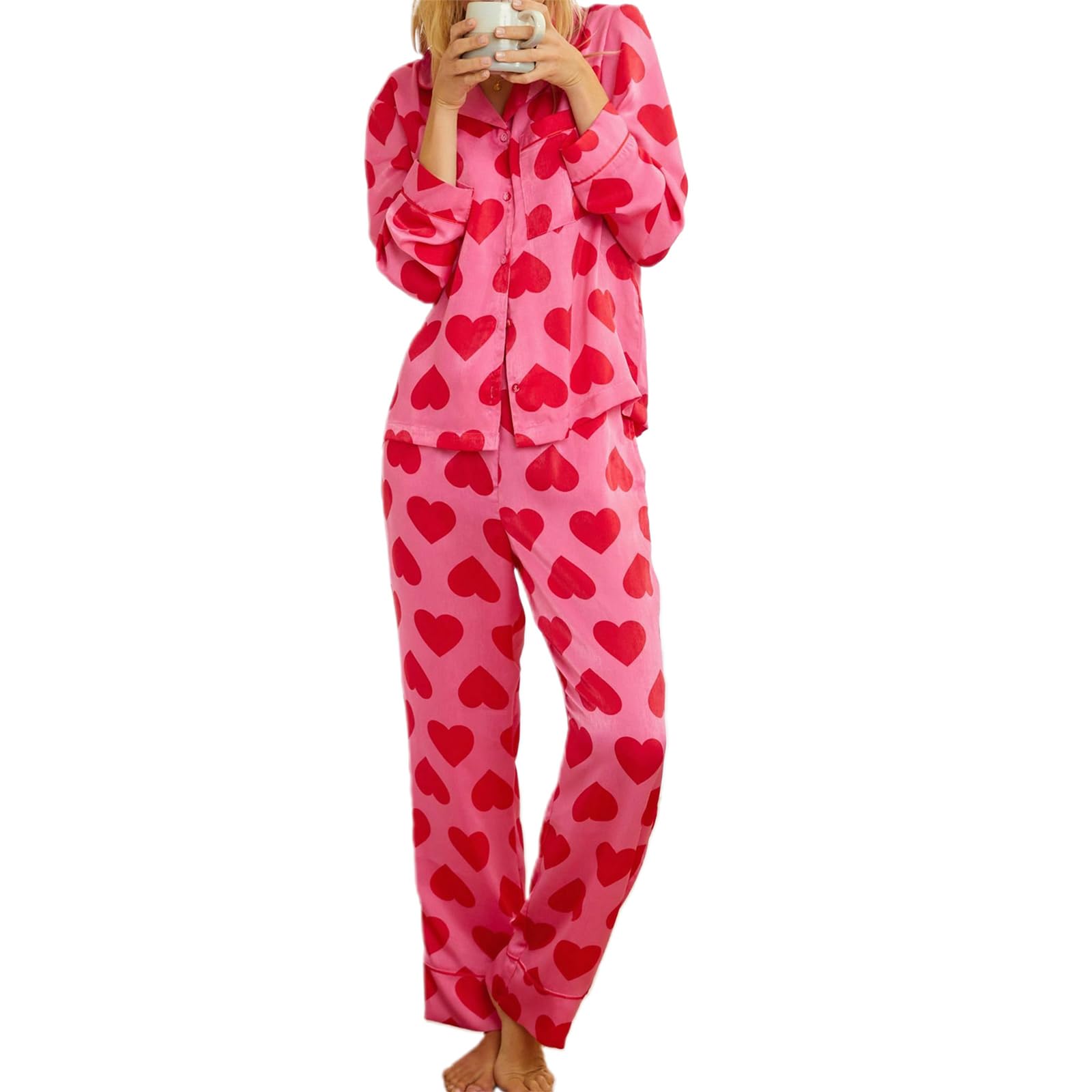 Valentine's Day Pajama Sets for Women - Cute Pink Heart Print Sleepwear 2-Piece Pajama Set with Shirt Top & Pants | Perfect for Romantic Nights, Anniversary Gifts & Cozy Sleepwear