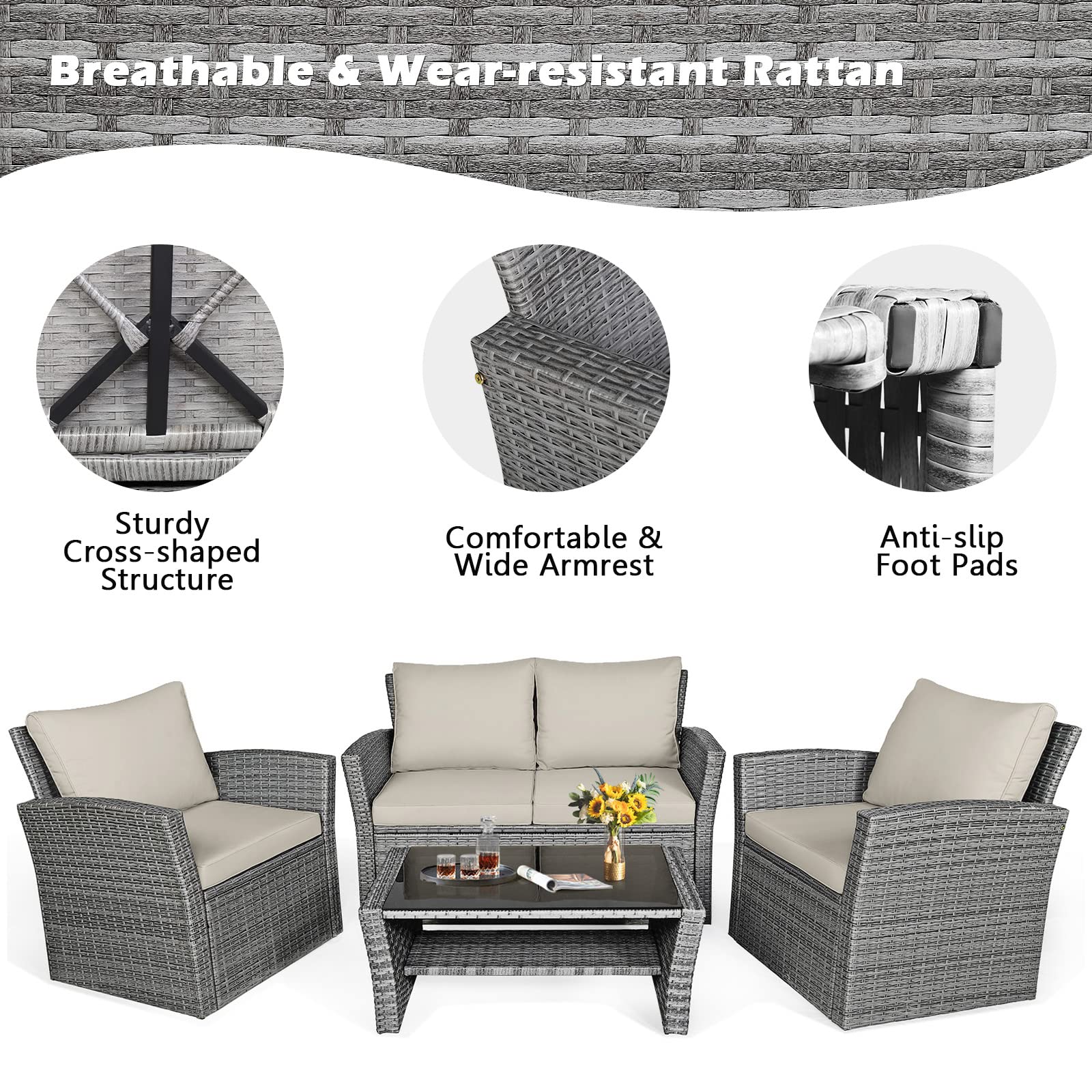 HAPPYGRILL 4-Piece Outdoor Patio Conversation Set with Cushions & Coffee Table - Rattan Wicker Sofa Sectional for Garden, Porch, Balcony, Poolside - Perfect for Relaxing & Entertaining Outdoors