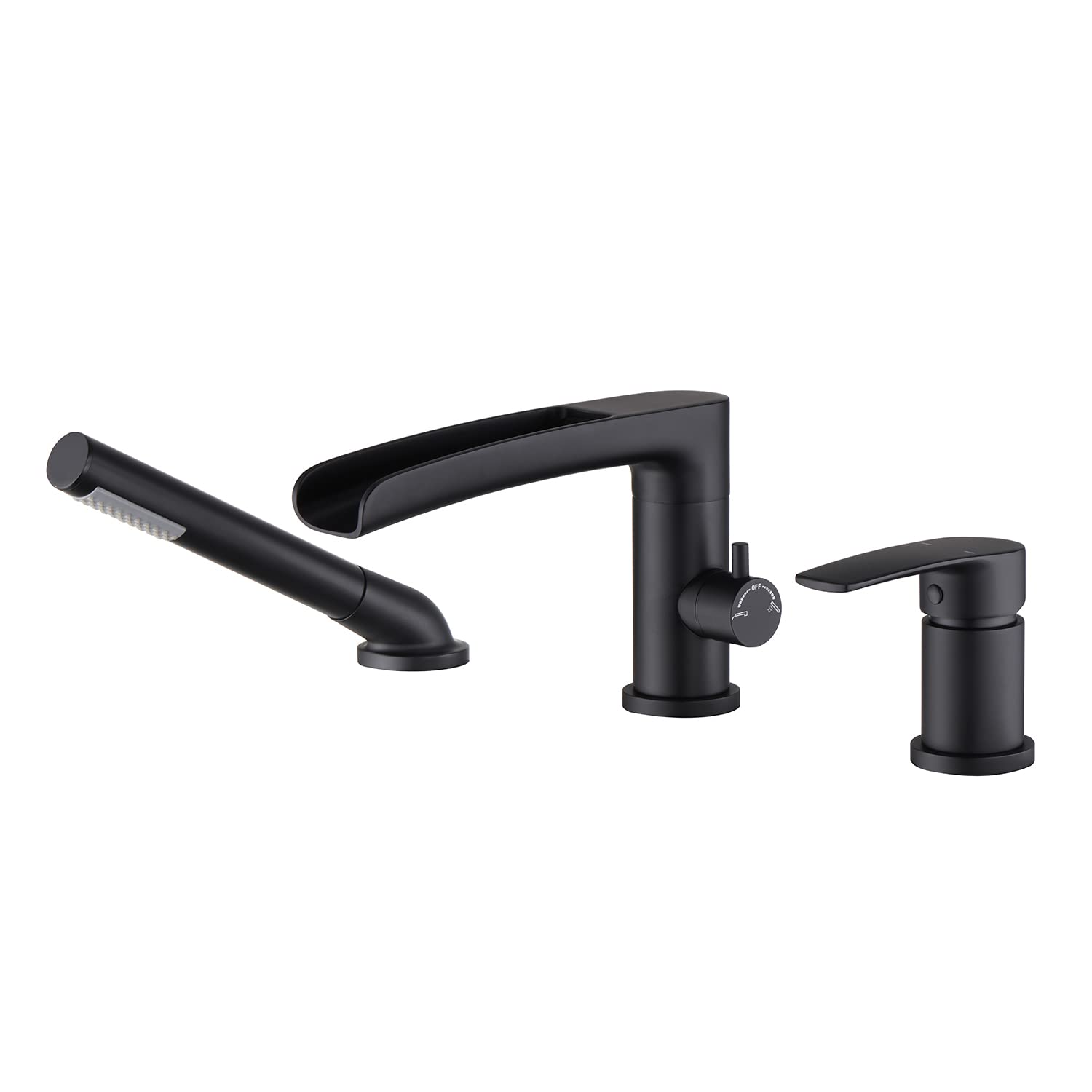 Wowkk Black Deck Mount Waterfall Roman Tub Faucet - Brass Bathtub Filler with Hand Shower for Luxury Bathroom | Perfect for Spa-Like Bathing Experience & Modern Bathroom Decor