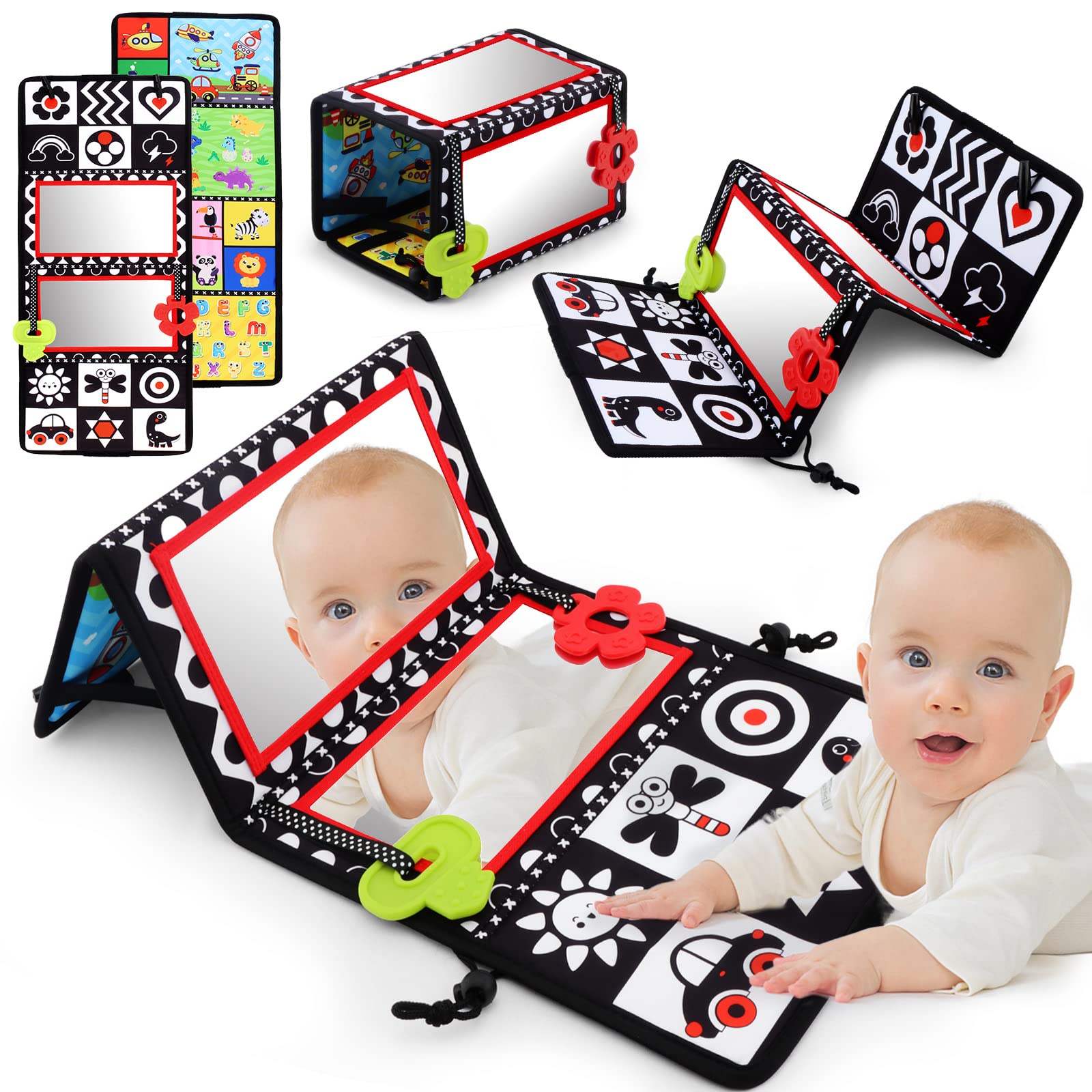**Double-Sided Tummy Time Mirror with Teethers – High Contrast Black & White Baby Sensory Toy for Newborns & Infants | Montessori Crawling Developmental Toy for Playtime & Learning (A-Mirror)**