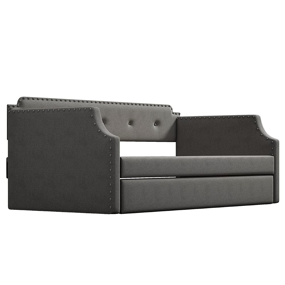 Twin Size Trundle Daybed with Upholstered Tufted Design - Wood Slat Support Sofa Bed Frame, No Box Spring Needed (Gray) - Perfect for Guest Rooms, Small Apartments & Multi-Functional Living Spaces