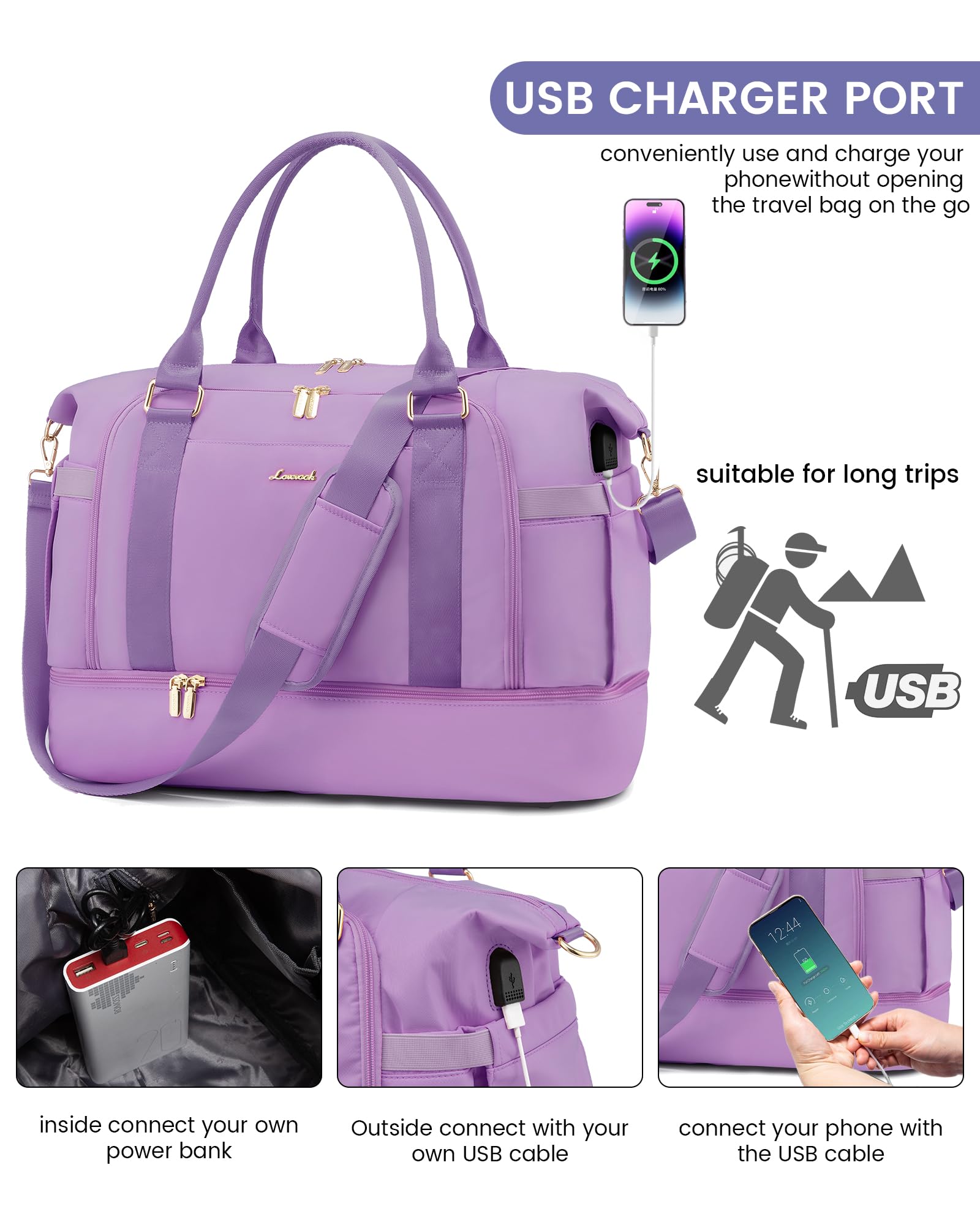 LOVEVOOK Gym Bag for Women - Travel Duffel Bag with USB Charging Port & Shoe Compartment | Weekender Overnight Bag, Toiletry Organizer & Hospital Delivery Bag | Perfect for Workouts, Travel & Maternity Use