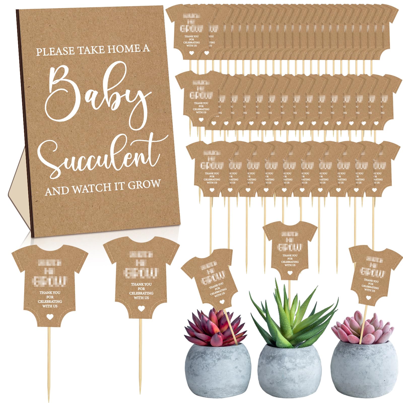 51 Pcs Watch Me Grow Succulent Tags - Baby Shower Party Favors with 1 Wooden Table Sign & 50 Succulent Favor Tags - Kraft Style Baby Shower Decorations for DIY, Wedding, Birthday Party Favors