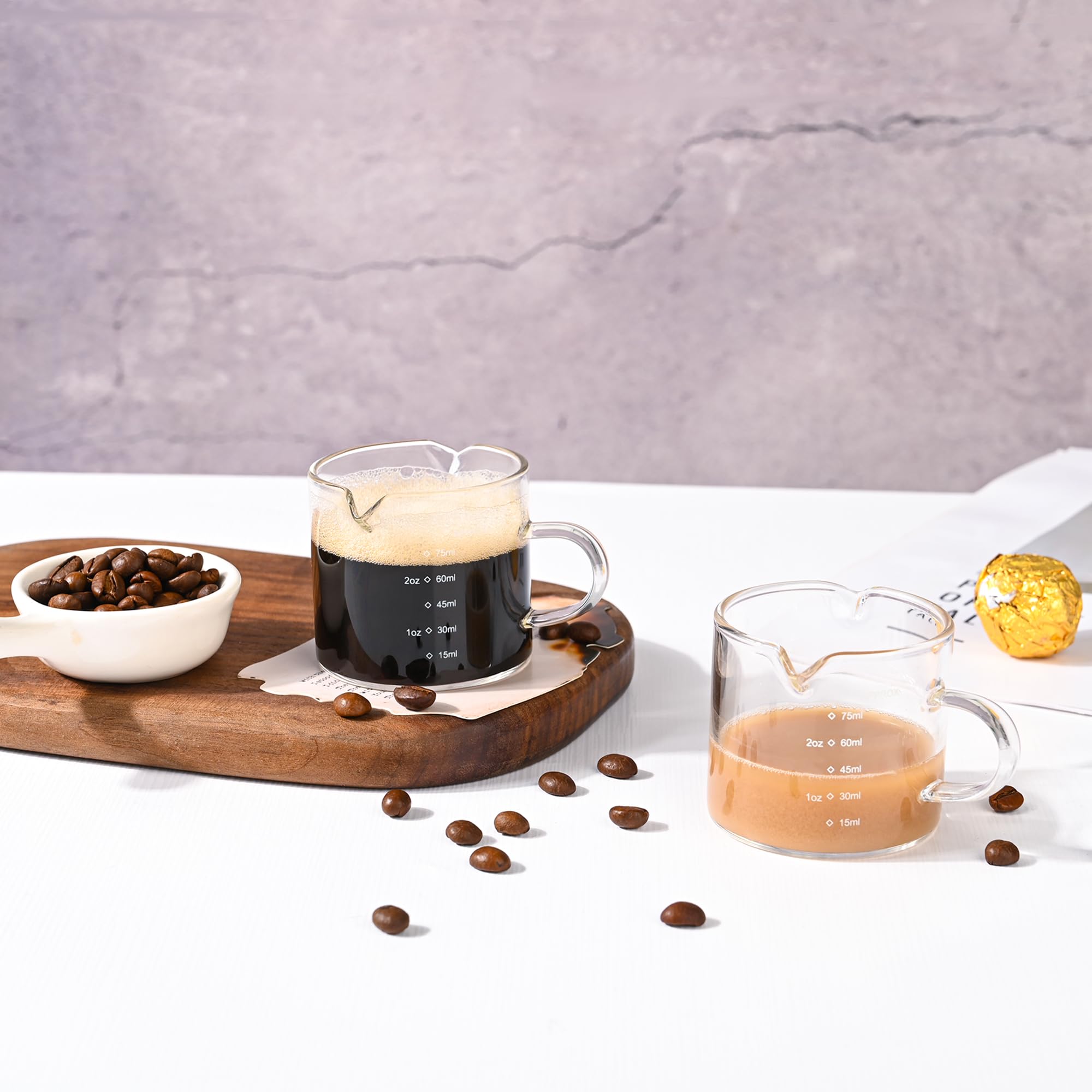Double Spout Espresso Shot Glass with Handle - 75ML/2.5OZ Clear Measuring Cup - Perfect for Coffee Shops, Home Baristas & Cocktail Making (Set of 2)