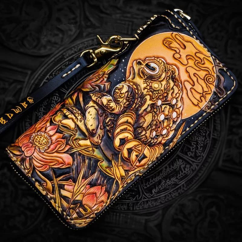Handcrafted 3D Genuine Leather Men's Wallet - Customizable Biker & Travel Wallet with Celtic Toad Raven Design - Perfect for Motorcycle Riders, Business Professionals & Gift Giving