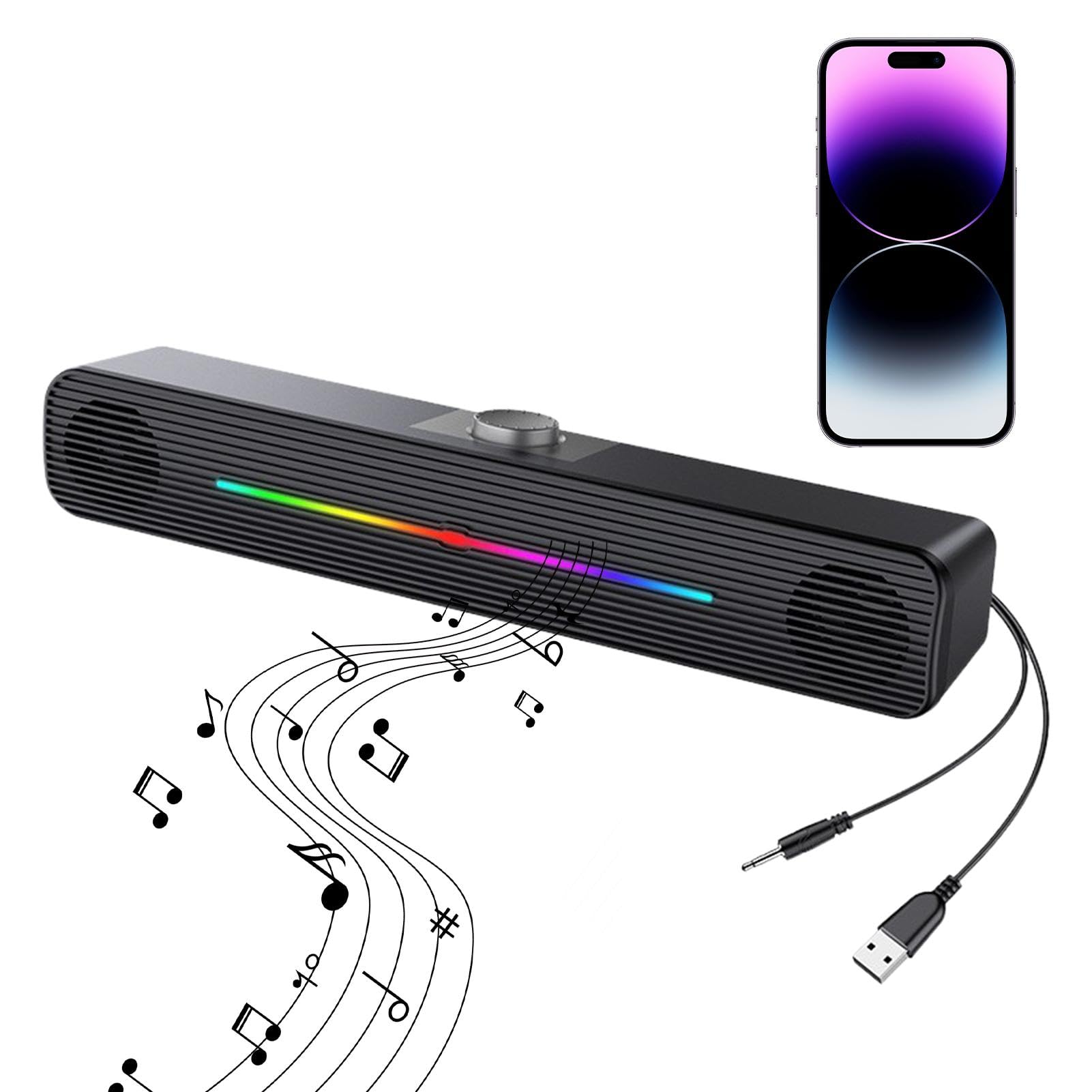 Compact Wireless RGB Soundbar for Desktop Computers - USB-Powered PC Speakers with Strip Design for Laptops, Gaming Setups & Home Office | Perfect for Music, Movies & Video Conferencing