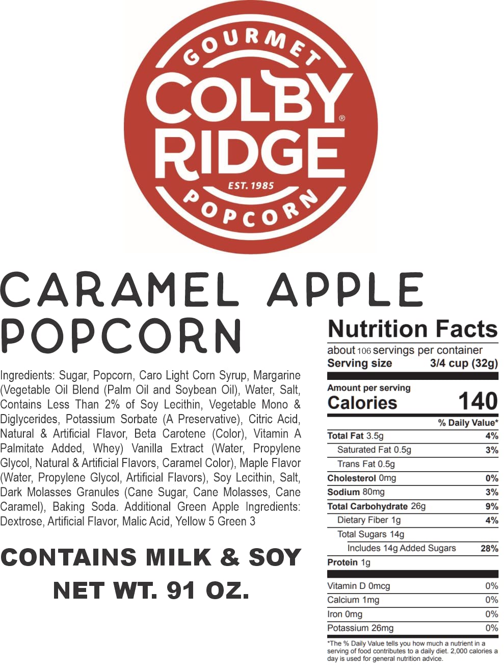 Colby Ridge Gourmet Craft Popped Gluten-Free Popcorn - 5 Gallon Bulk (80 Cups) - Caramel Apple Flavor - Perfect for Parties, Gifts & Movie Nights - Healthy Snack for Home, Office & Events