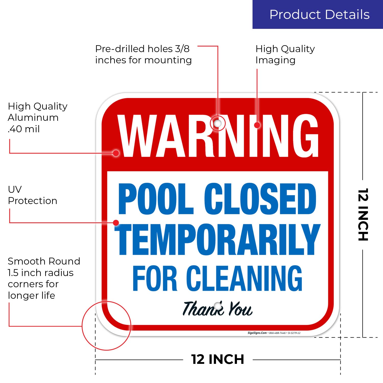 Pool Closed Temporarily for Cleaning Sign - 12x12 Inch Rust-Free .040 Aluminum Warning Sign - Fade Resistant Indoor/Outdoor Use - Made in USA - Perfect for Public Pools, Water Parks & Community Centers