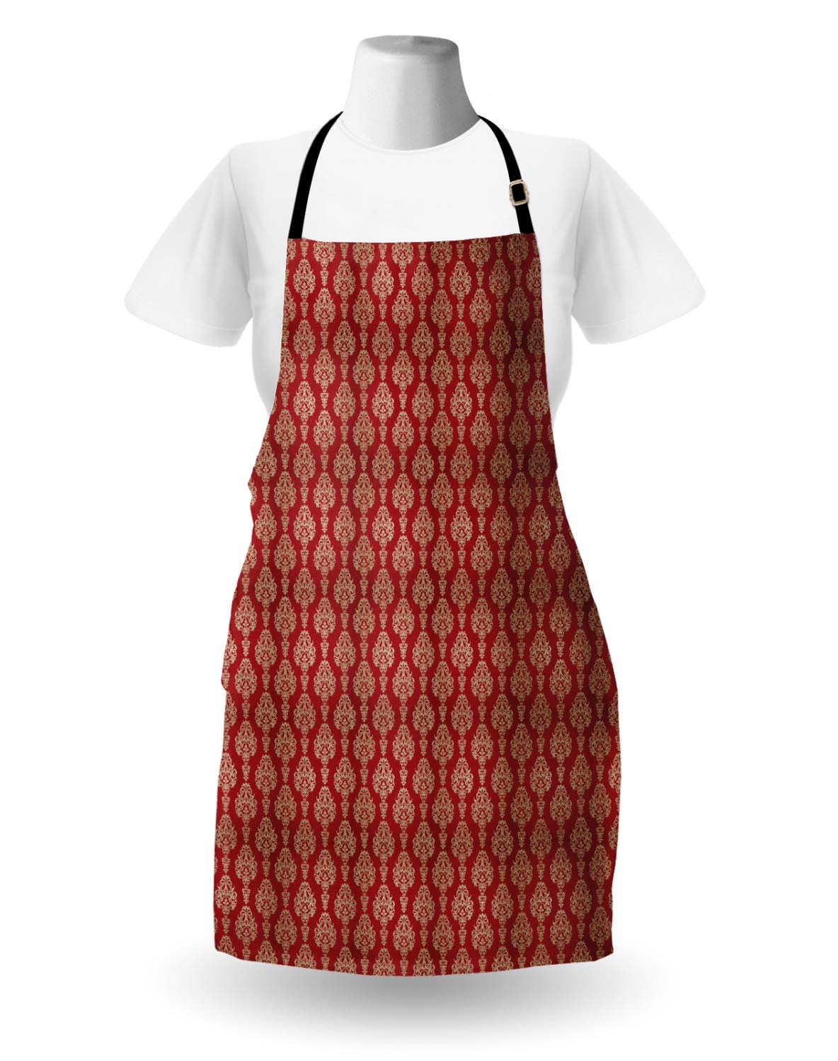 Ambesonne Unisex Kitchen Apron - Adjustable Neck Bib with Oriental Swirls & Floral Damask Pattern in Tan & Vermilion | Perfect for Cooking, Baking, Grilling & Gardening | Adult Size Home Chef Gift Idea