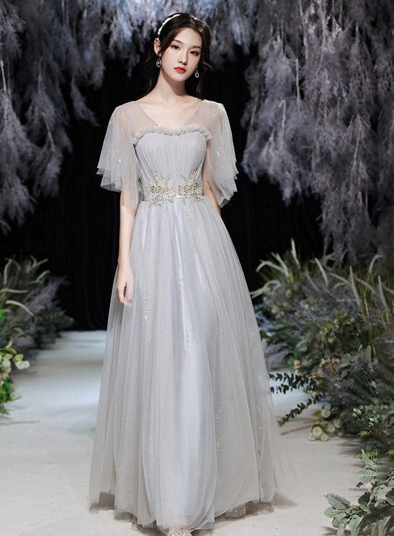 Elegant Gray A-Line Long Prom Dress - Shiny Formal Party Gown for Bridesmaid & Evening Events - Perfect for Homecoming, Wedding, and Special Occasions