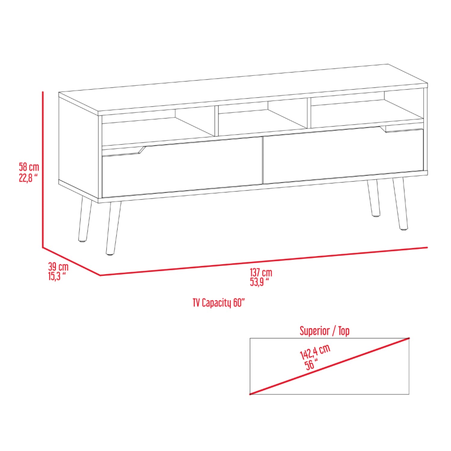Kobe TV Stand for TVs Up to 52 Inches - 3 Open Shelves & 2 Flexible Drawers - Dark Walnut Finish - Perfect for Living Room, Bedroom or Home Theater Setup