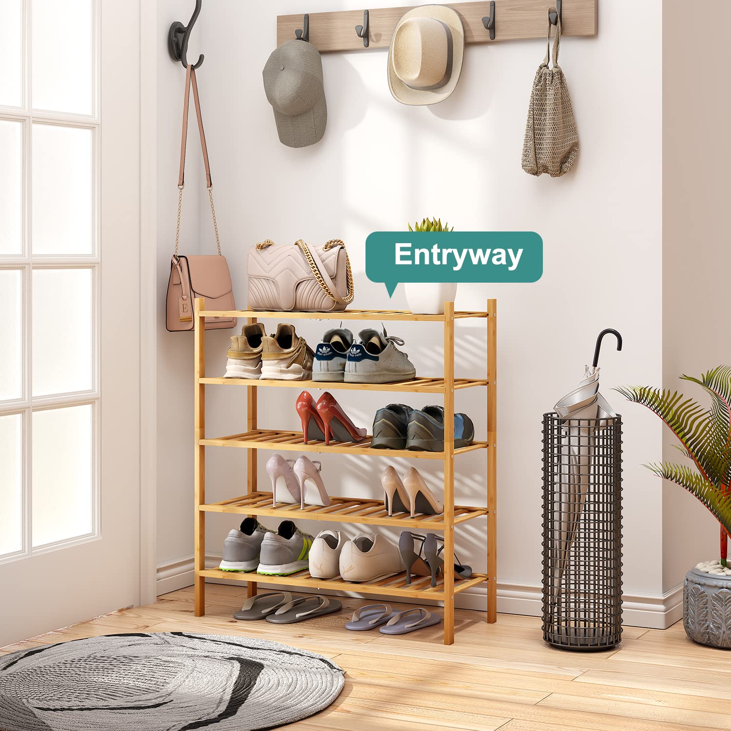 5-Tier Bamboo Shoe Rack - Stackable & Foldable Shoe Organizer for Entryway, Hallway, Closet - Natural Wood Shoe Storage Shelf for Indoor & Outdoor Use - Perfect for Small Spaces, Apartments, Dorm Rooms