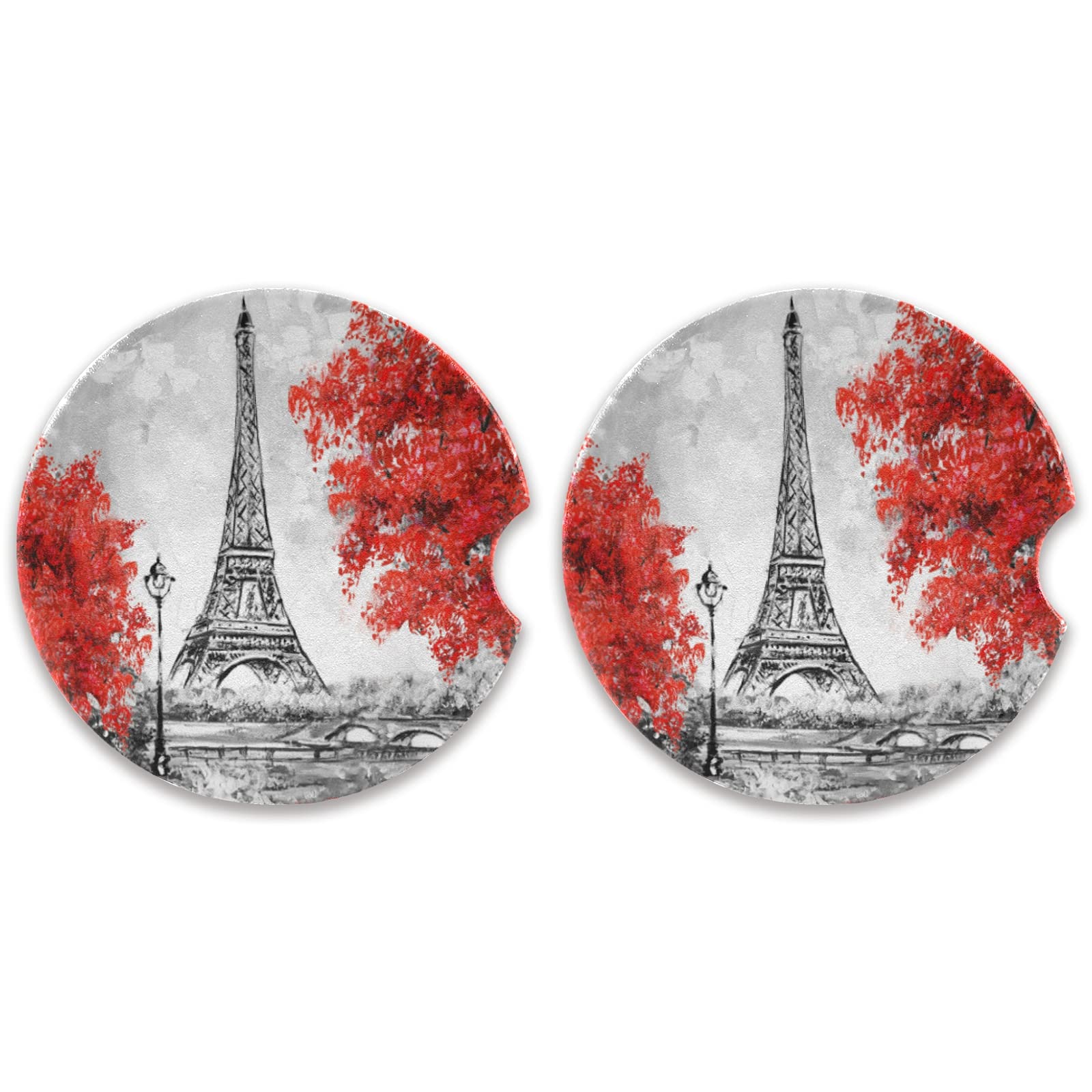 2 Pack Paris Eiffel Tower Car Coasters - Absorbent Ceramic Cup Holder for Drinks, Cute Car Accessories (2.56in) - Perfect Gift for Men & Women | Ideal for Coffee, Soda & Water Bottles in Vehicles