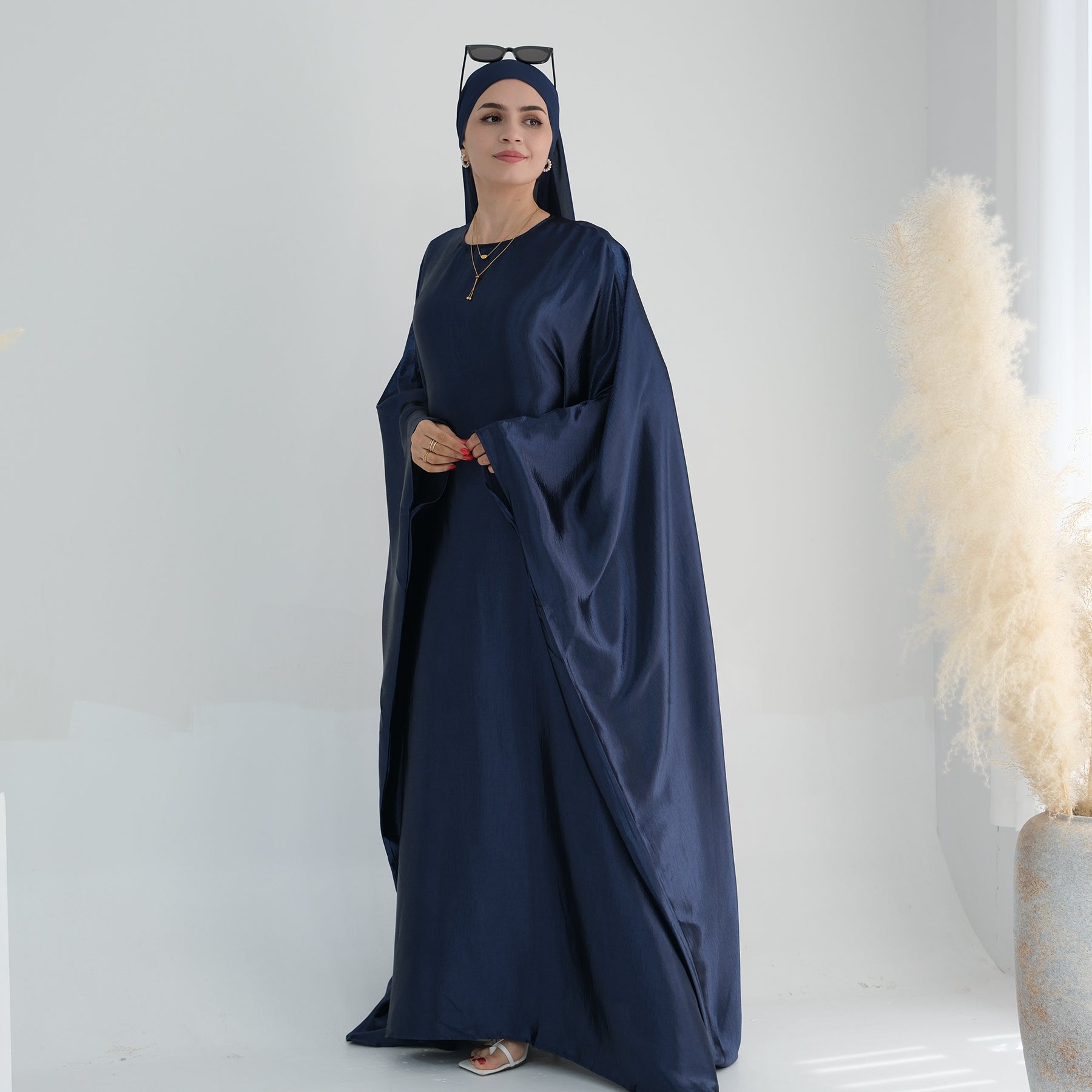Elegant Navy Blue Alisha Butterfly Satin Abaya - Modest Islamic Dress for Women, Prayer, Special Occasions & Everyday Wear