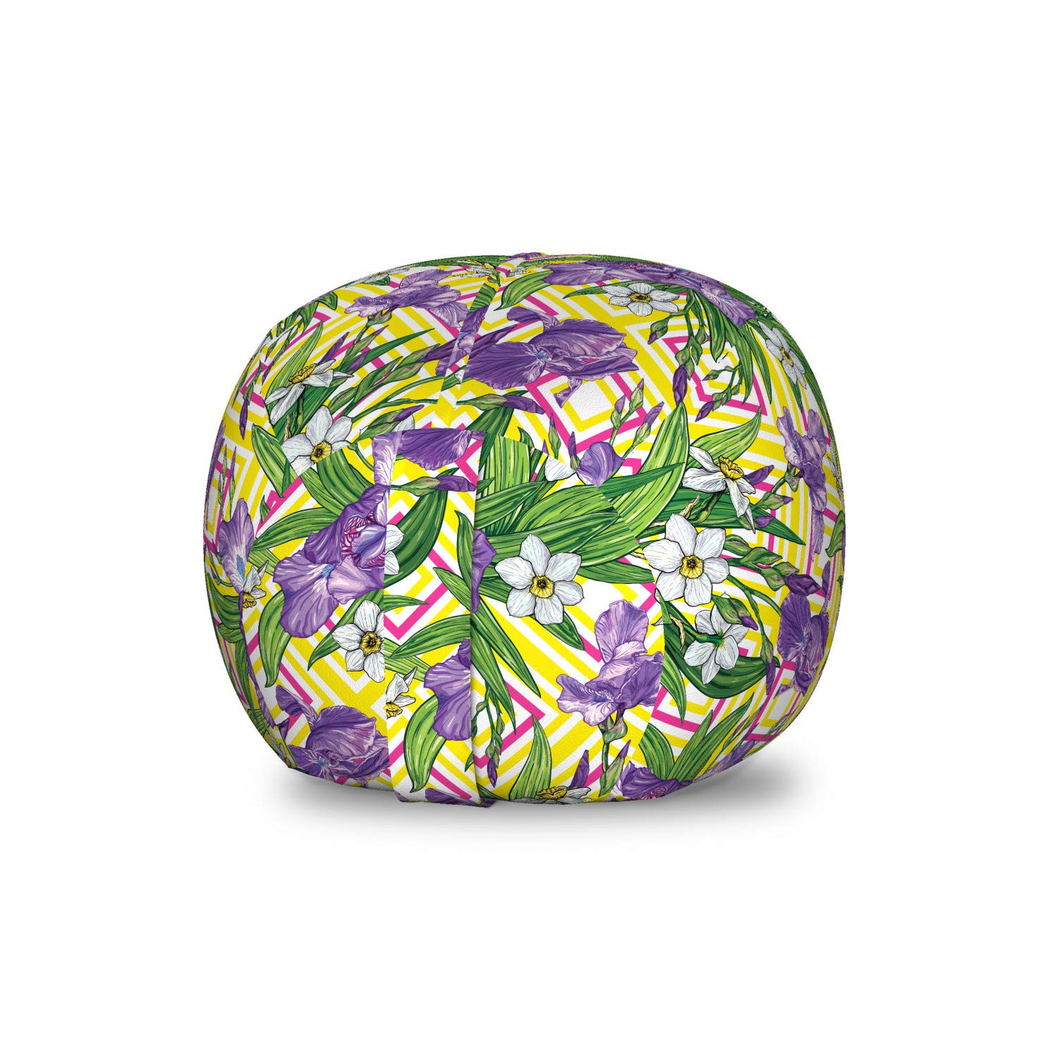 Ambesonne Green and Purple Storage Toy Bag Chair - Colorful Iris & Narcissus Floral Pattern on Geometric Design, Washable Stuffed Animal Organizer for Kids' Room, Small Multicolor Bean Bag - Perfect for Playroom Storage & Kids Bedroom Decor