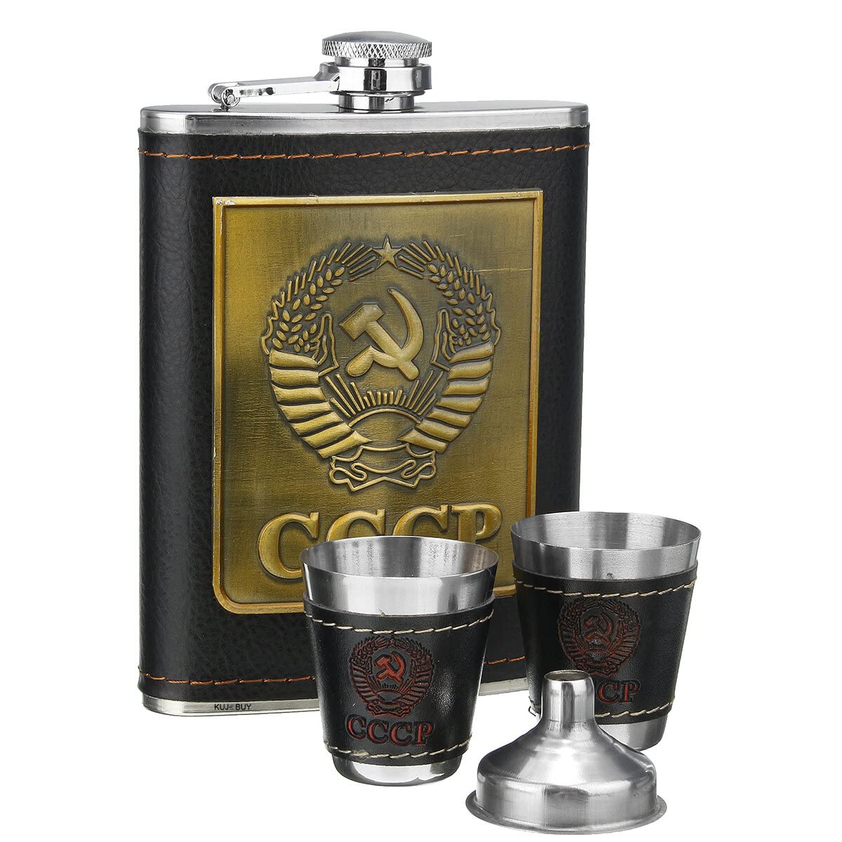 8oz Stainless Steel Flask with Funnel Set - USSR Design Travel Flask & 2 Camping Cups - Durable Screw Cap Alcohol Bottle for Whiskey, Liquor - Perfect Gift for Men & Women (Gift Box Included) - Ideal for Outdoor Adventures, Camping, Hiking & Road Trips