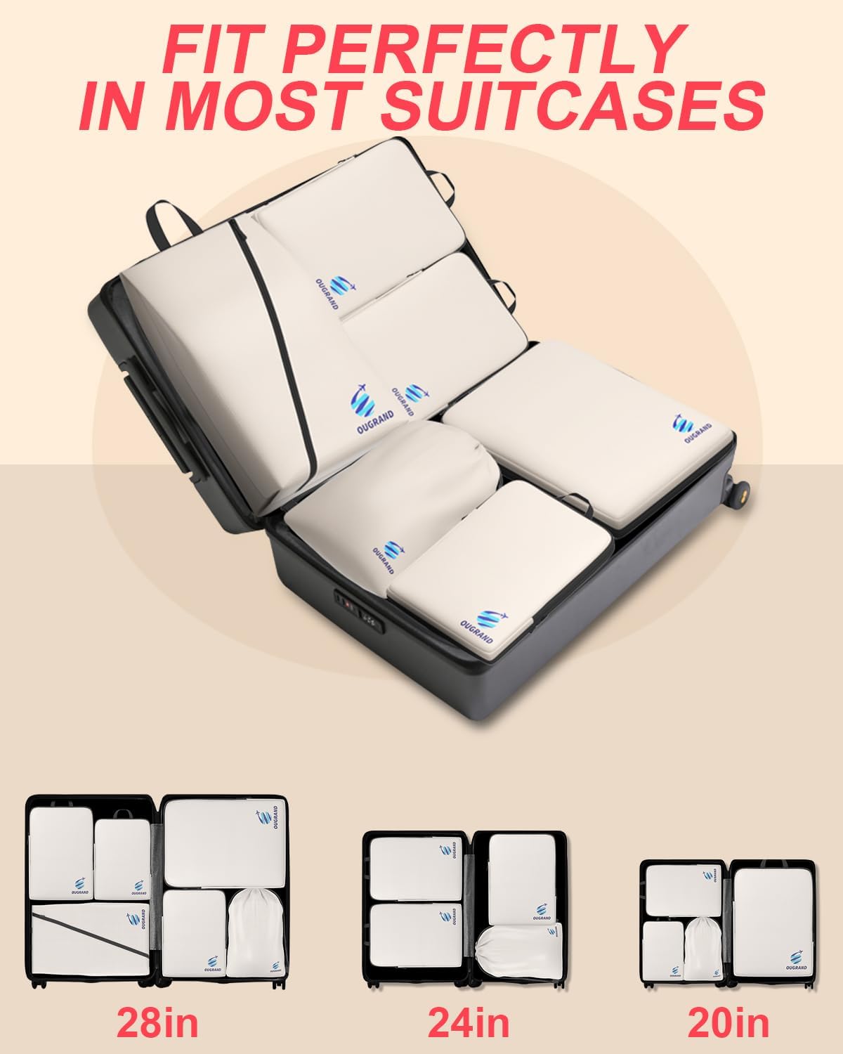 6-Piece Lightweight Compression Packing Cubes Set - Durable Travel Organizer Bags for Suitcases | Perfect for Weekend Trips & Business Travel (Beige)