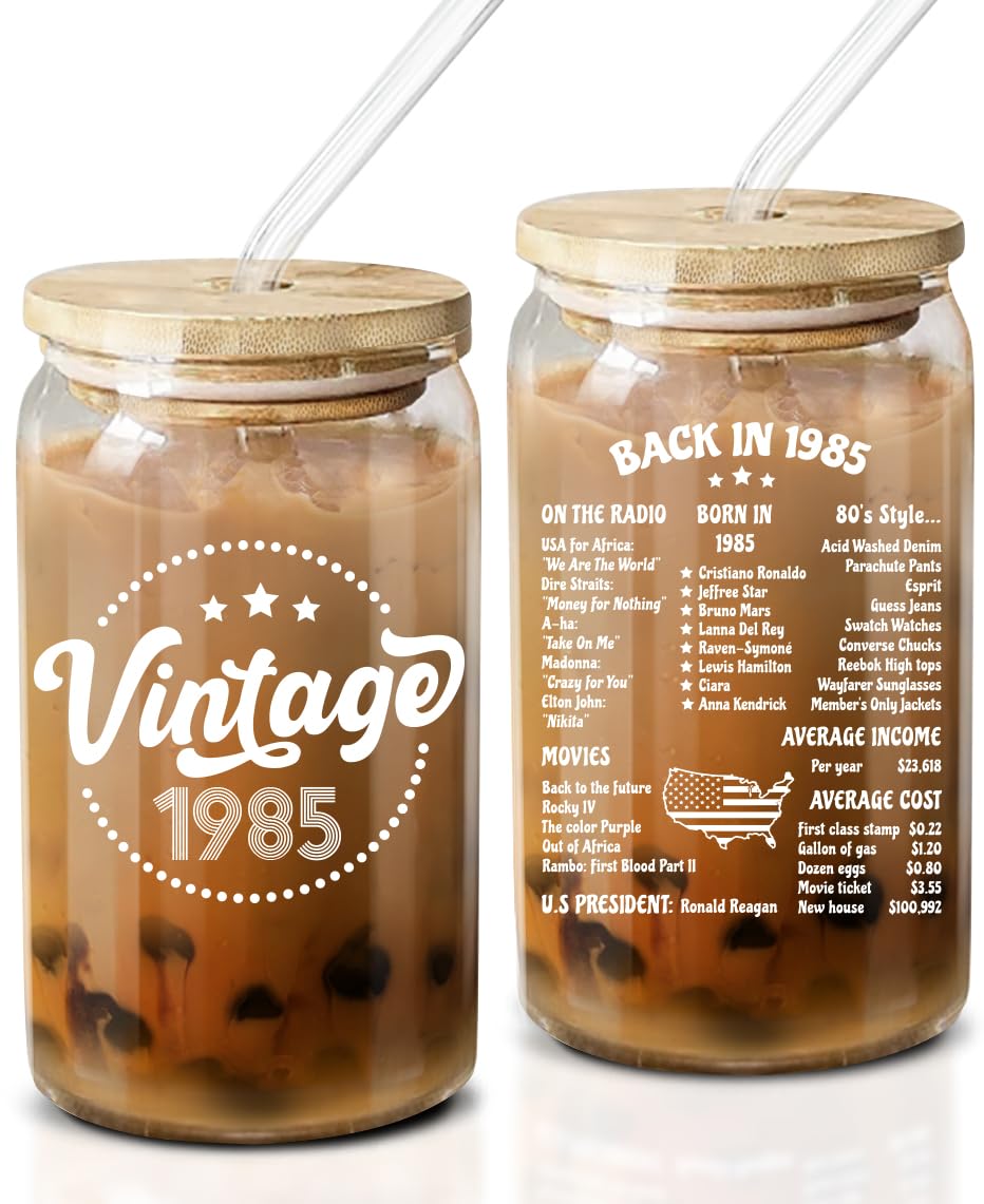 NewEleven 40th Birthday Gifts for Women - 1985 Vintage Themed 40th Birthday Decorations - 16 Oz Coffee Glass Mug for Her, Mom, Wife, Sister & Friends - Perfect for Birthday Parties, Home Decor & Coffee Lovers