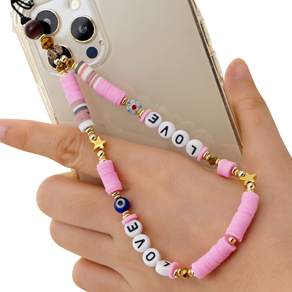 Kawaii Smiley Face Star Beaded Phone Lanyard Wrist Strap - Rainbow Acrylic Polymer Clay Pearl Phone Chain - Cute Phone Charm Keychain for Women & Girls - Perfect for Phone Decorations, Keychains, and Gift Giving