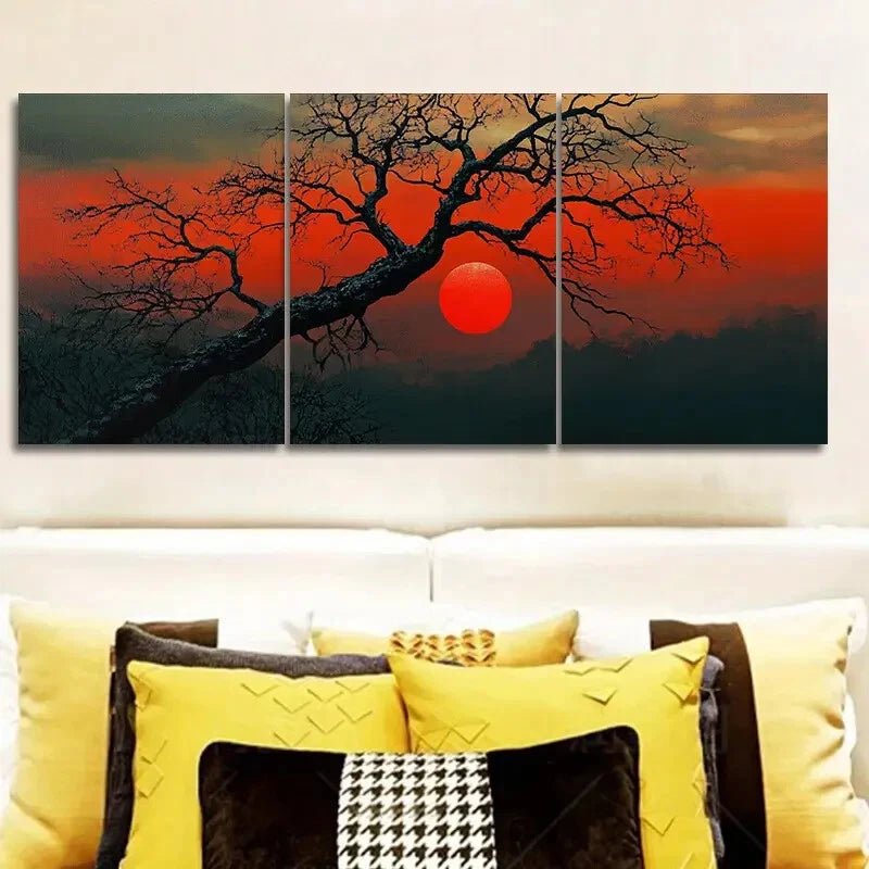 3-Piece The Red Sun Tree Metal Art Print - Ready to Hang Wall Decor for Living Room, Bedroom & Office - Modern Nature Landscape Painting for Home & Office Decor