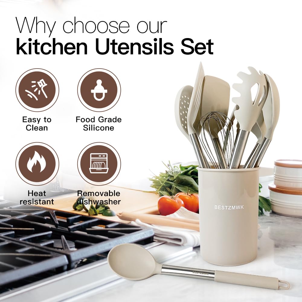 33-Piece Non-Stick Silicone Kitchen Utensil Set with Stainless Steel Handles & Holder - Spatulas, Ladles, Tongs for Cooking & Baking - Perfect for Home Chefs & Professional Kitchens (Khaki)