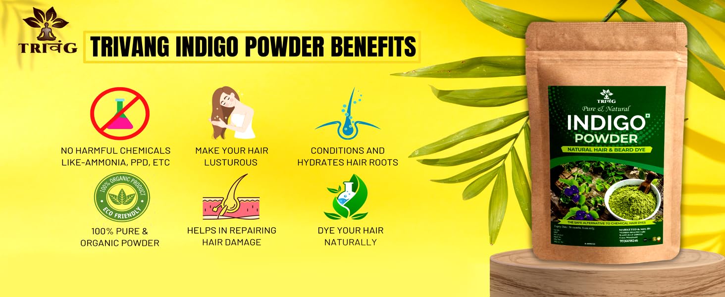 Trivang 100% Organic Herbal Indigo Powder (400G) - Natural Hair Dye for Gray Coverage & Damage Protection | Chemical-Free Hair Coloring Solution for Men & Women | Perfect for DIY Hair Care & Ayurvedic Treatments