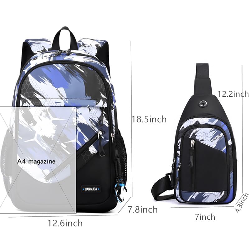 Boys School Backpack Set with Sling Bag - 2-Piece Camo Blue Backpack Combo for Elementary, Middle & High School Students - Includes Crossbody Bag for School, Travel & Outdoor Activities
