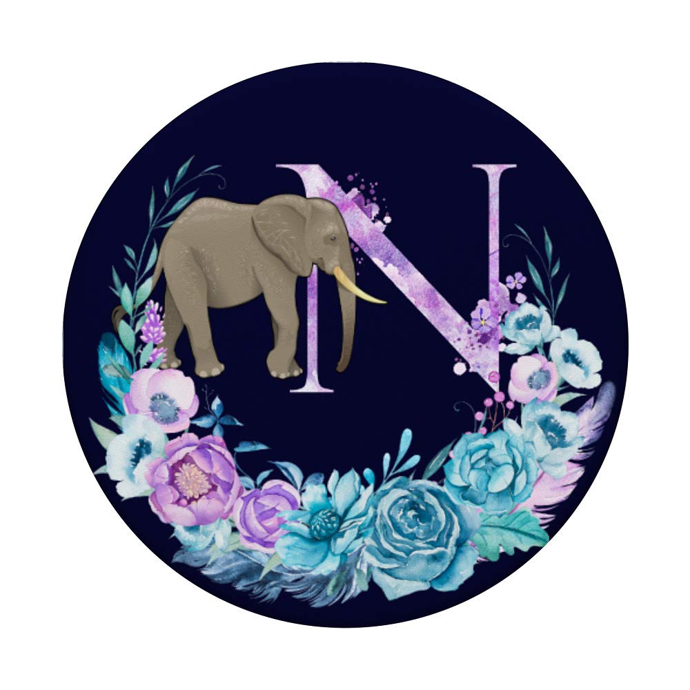 Optimistic Elephant Boho Lilac Flowers Monogram Letter N PopSockets Phone Grip & Stand for iPhone, Samsung, Tablets - Perfect for Work, Travel & Daily Use