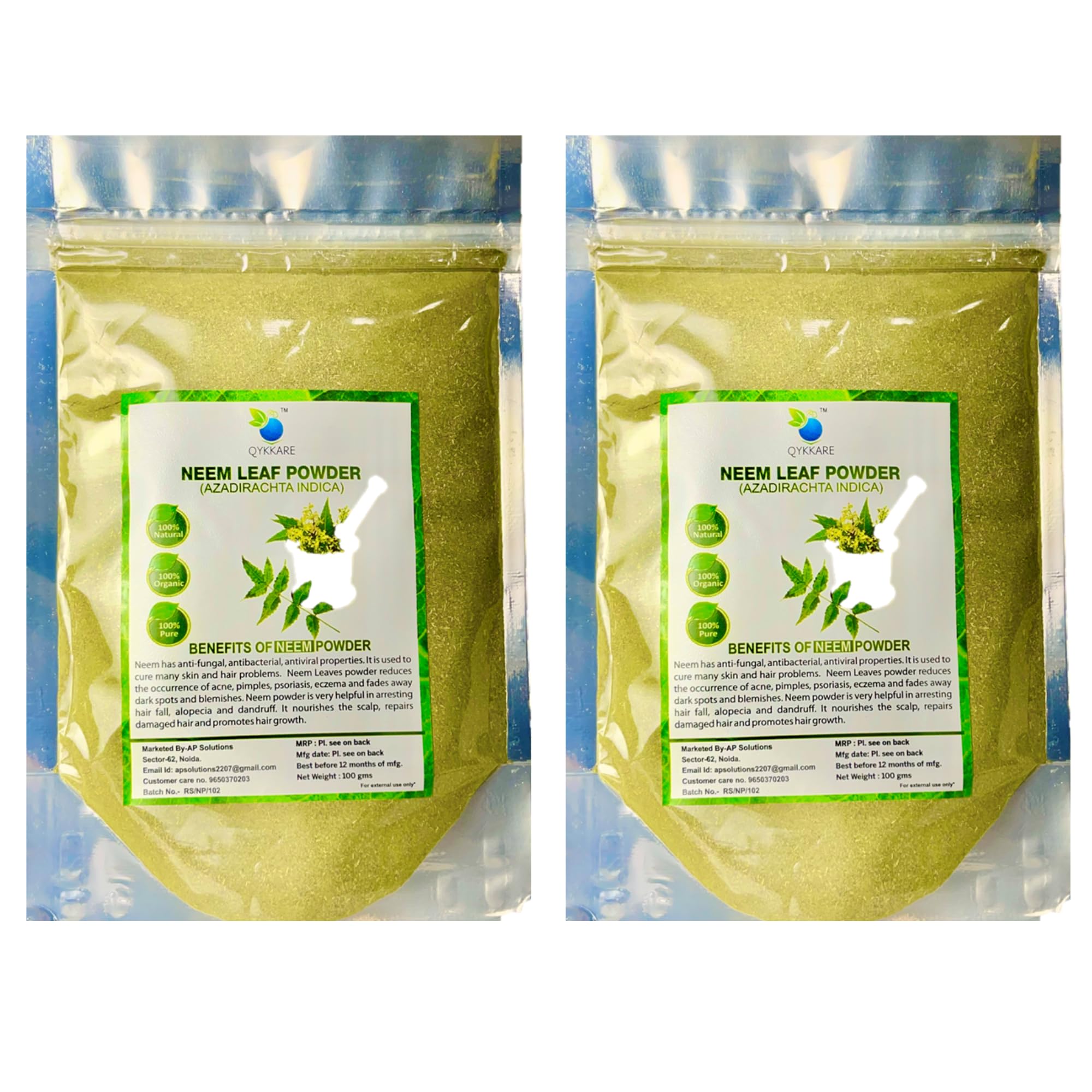 QYKKARE Pure Natural Premium Neem Leaf Powder (Azadirachta indica) - 200g for Hair, Skin & Face Care | Organic Ayurvedic Treatment for Acne, Dandruff & Glowing Skin | DIY Face Mask & Hair Pack