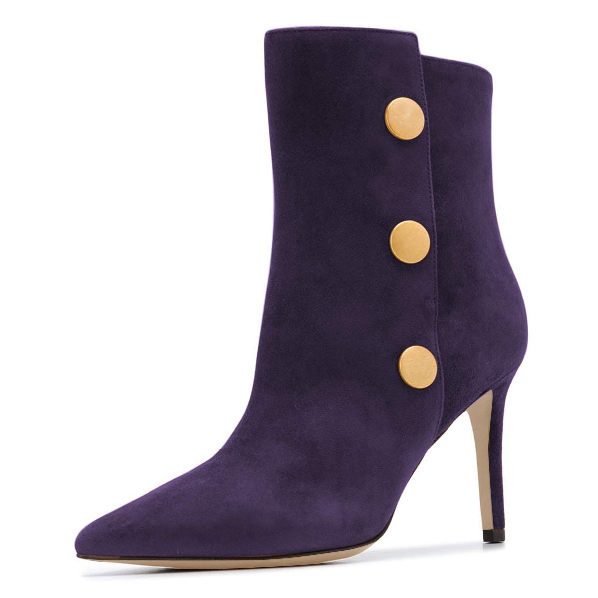 FSJ Women's Pointed Toe Ankle Boots - Stiletto High Heel Faux Suede Dress Booties with Buttons (Size 4-15 US) for Winter, Office, Party & Night Out