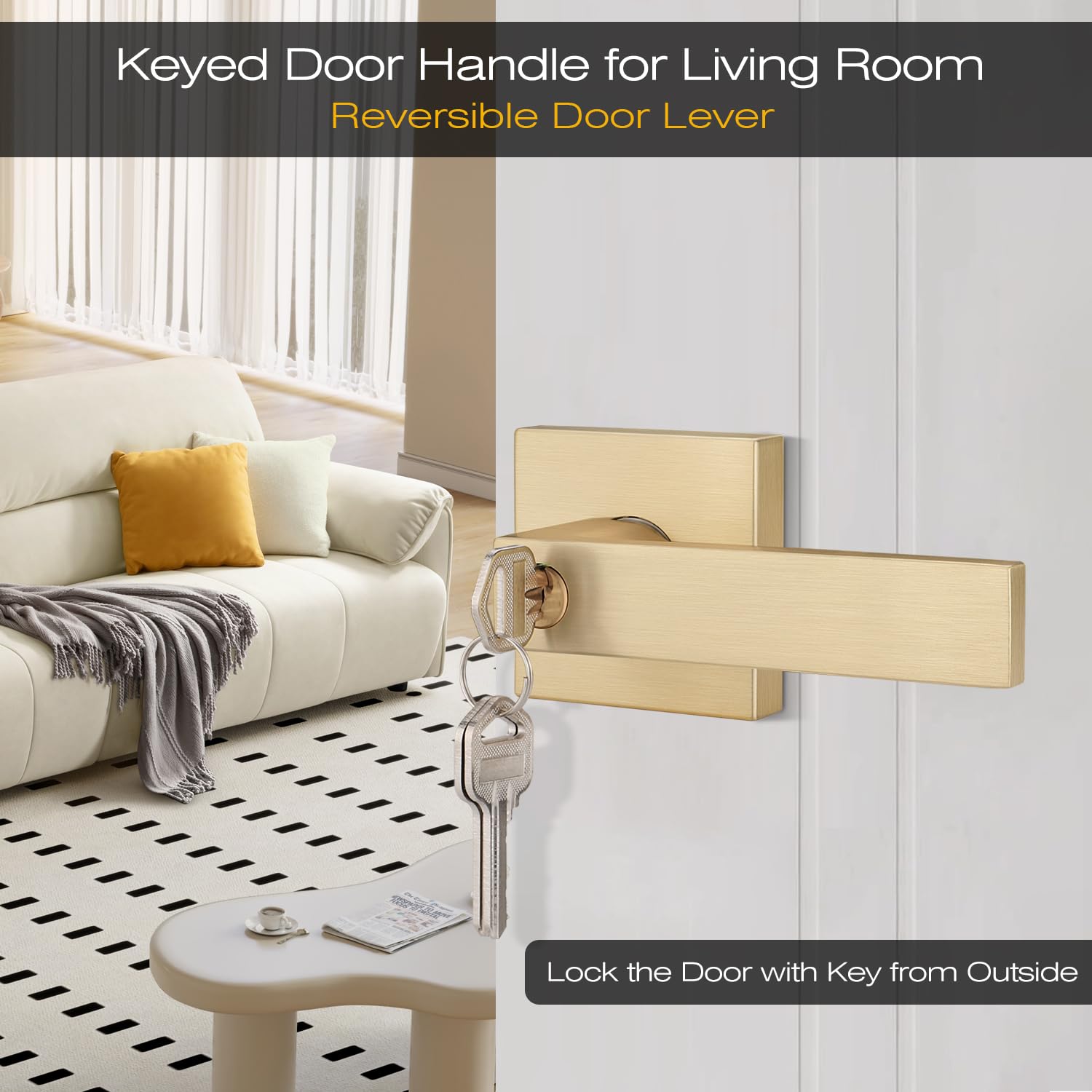 EHOMEWARE 4 Pack Keyed Alike Entry Door Handles with Lock - Gold Door Lever Set for Indoor & Outdoor Use - Bedroom, Bathroom & Exterior Doors - Includes Keys for Home Security & Convenience
