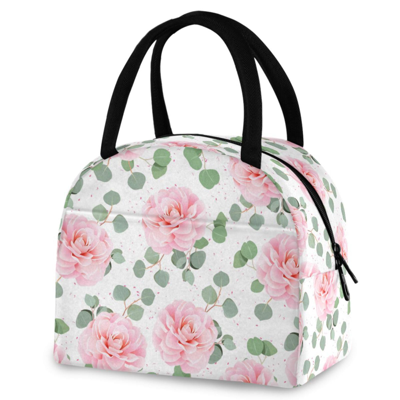 ZZKKO Insulated Lunch Bag - Pink Camellia Pattern, Reusable Meal Prep Cooler with Zipper for Women & Men - Perfect for School, Office, Picnics & Outdoor Activities