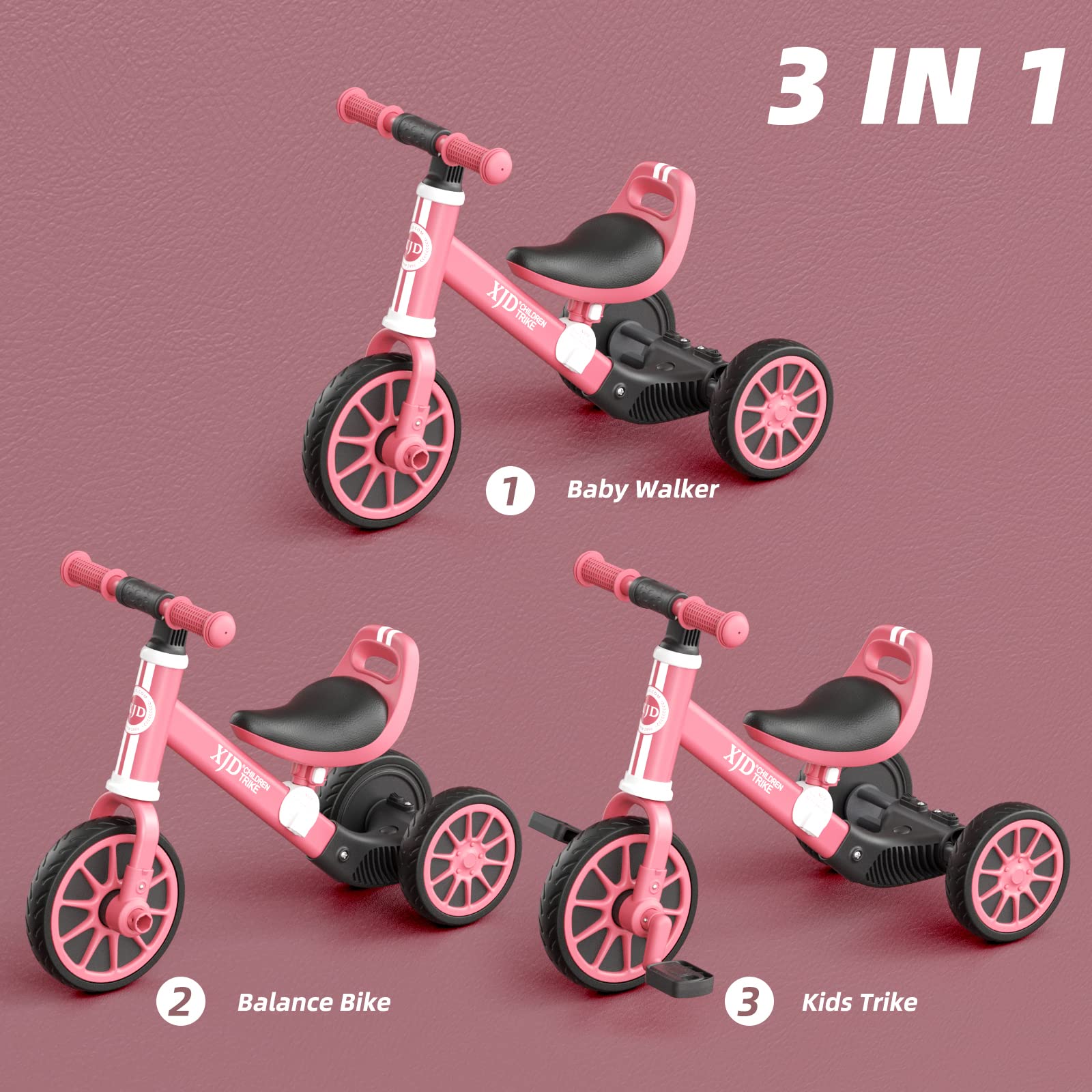 XJD 3-in-1 Convertible Kids Tricycle for Toddlers 24 Months to 4 Years Old - Adjustable Seat, Removable Pedals & 3 Wheel Design - Pink Baby Balance Bike for Boys & Girls - Perfect for Outdoor Play, Learning to Ride & Park Adventures