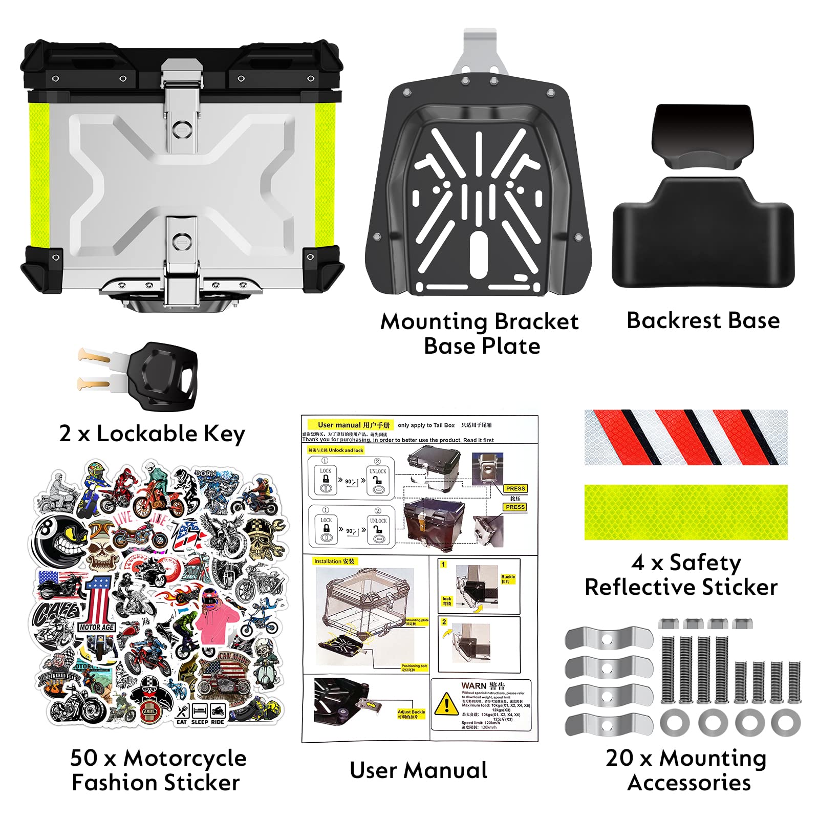 Heavy Duty Aluminum Motorcycle Top Case - Universal Waterproof Motorbike Tail Box Trunk with Security Lock for Helmet & Luggage Storage | Back Cushion Included | Perfect for Touring, Commuting & Long-Distance Riding