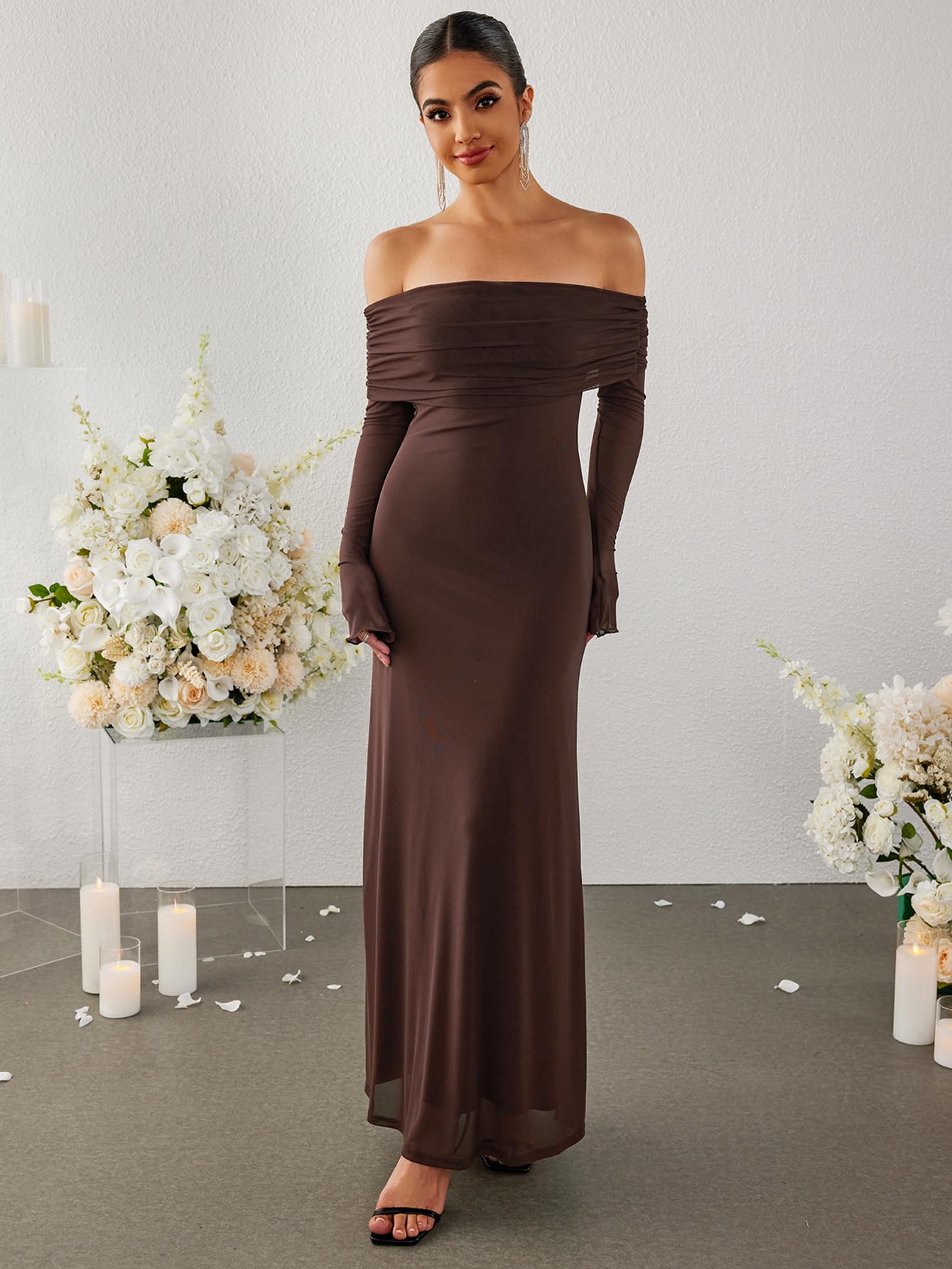 KUTUMAI Women's Off Shoulder Bodycon Maxi Dress - Long Sleeve Mesh Ruched Party Gown for Wedding Guest, Cocktail, Evening & Formal Events | Elegant Stretch Fit for Night Out, Date Night & Special Occasions